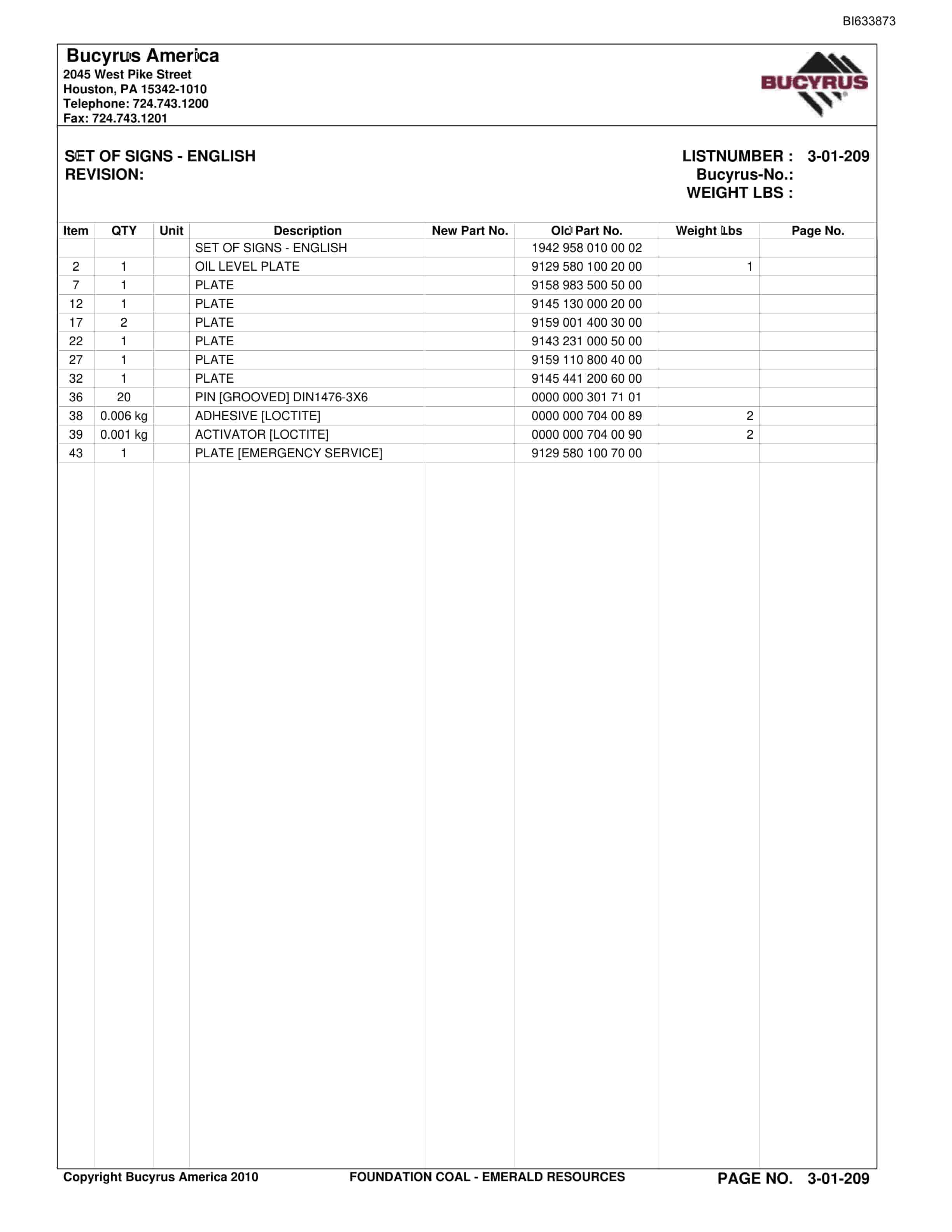 Bucyrus Emerald Mine Parts Catalog BI633873-2