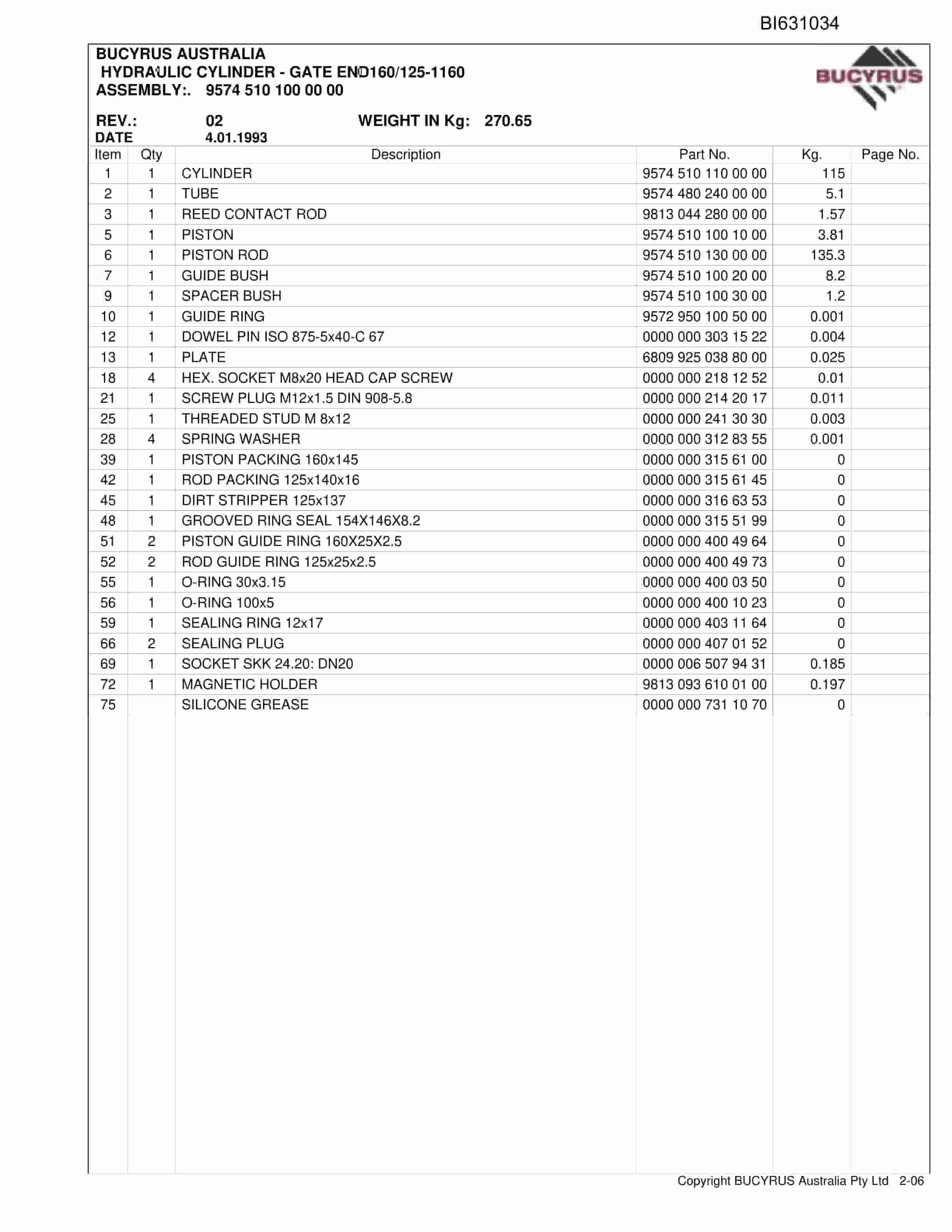 Bucyrus Ex Invicible Retrofit Baal Bone Parts Catalog BI631034-3