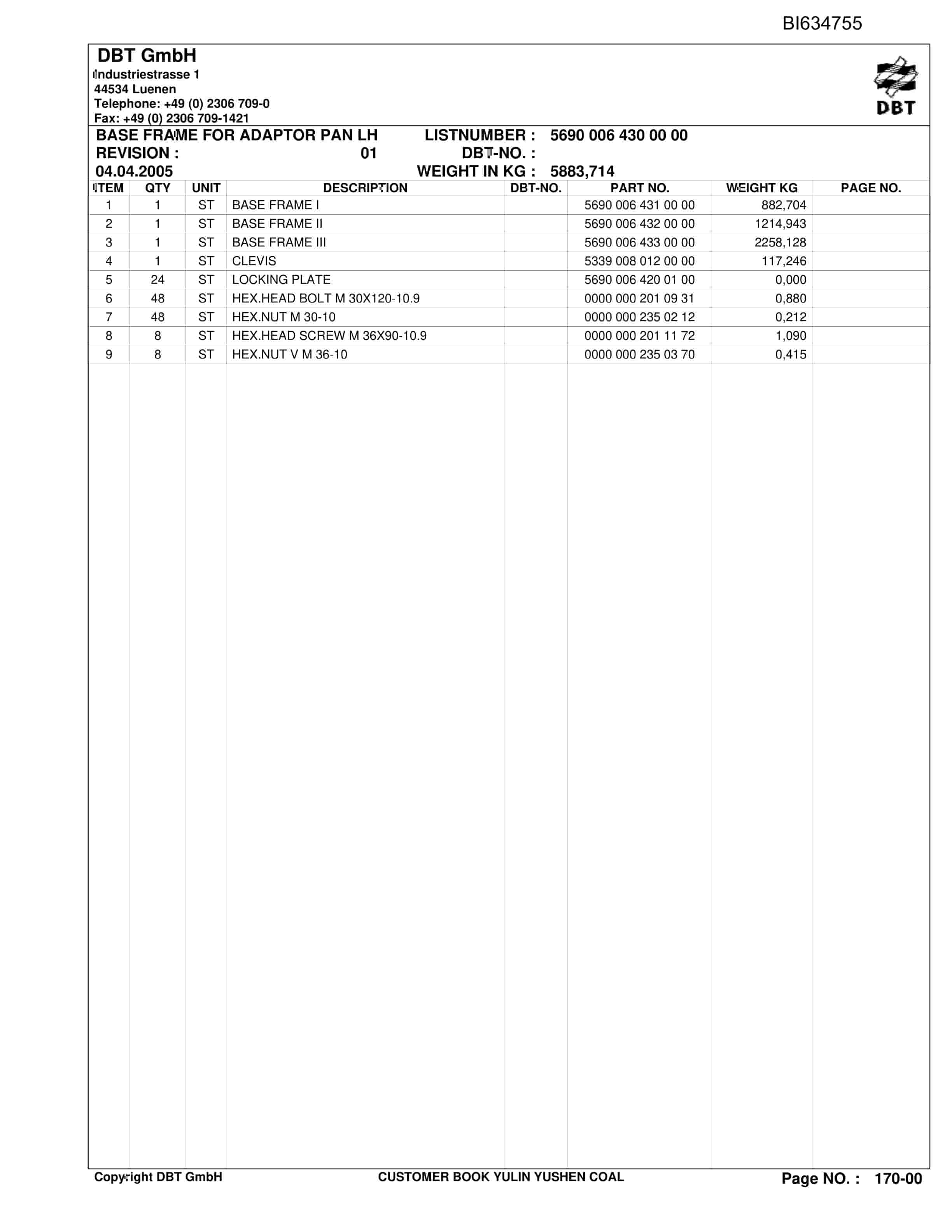 Bucyrus Face Conveyor PF 6-1142 Parts Catalog BI634755-2