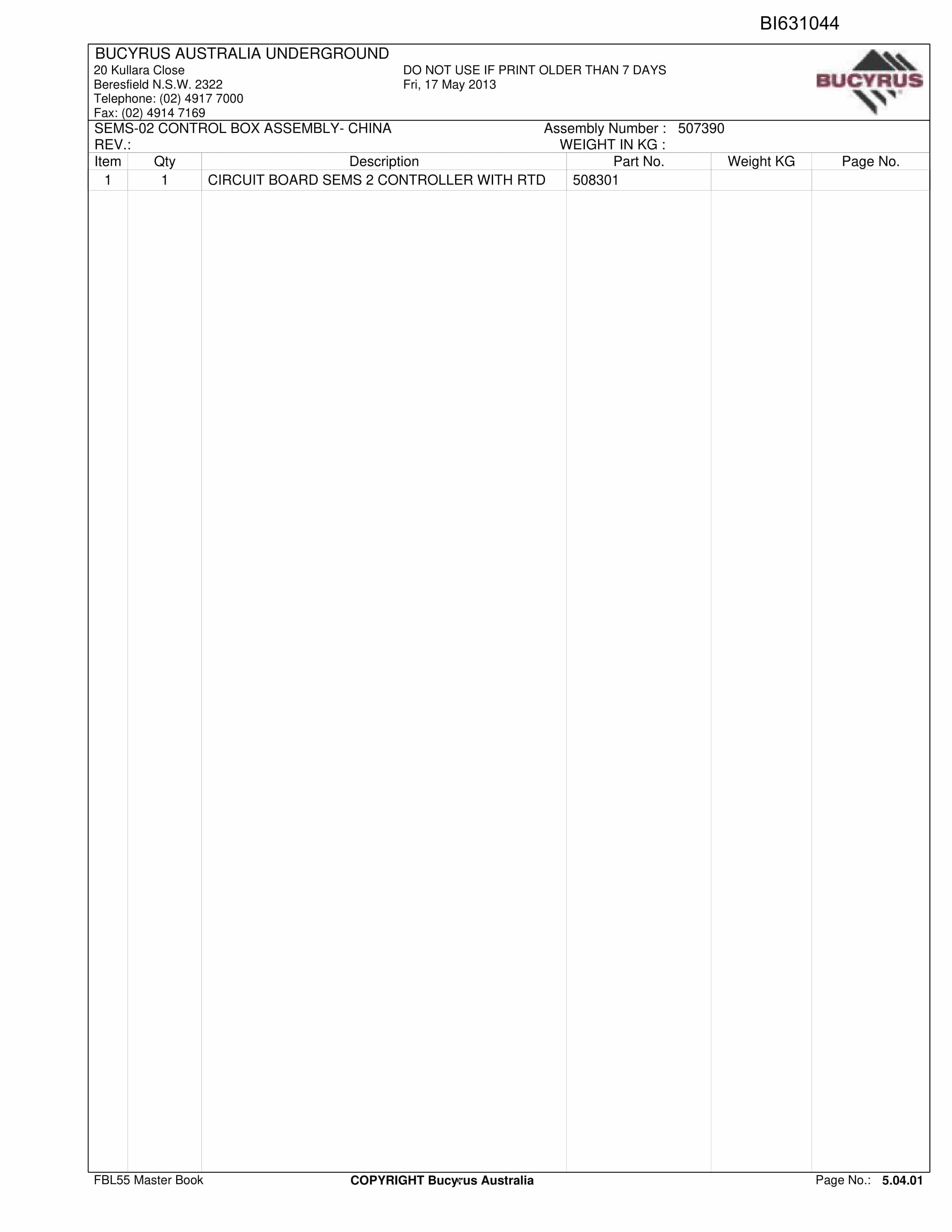 Bucyrus FBL55 Shield Hauler Parts Catalog BI631044-3