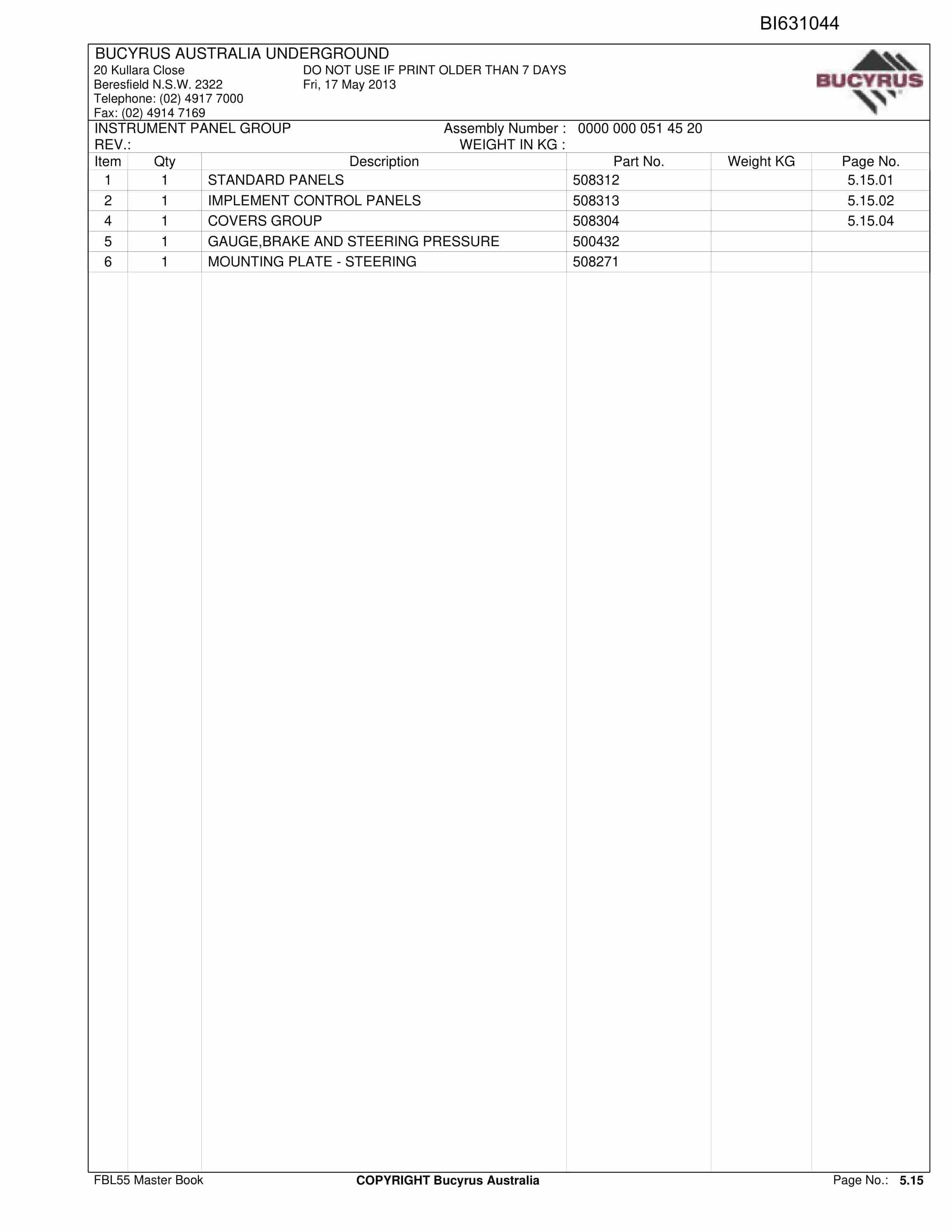 Bucyrus FBL55 Shield Hauler Parts Catalog BI631044-4