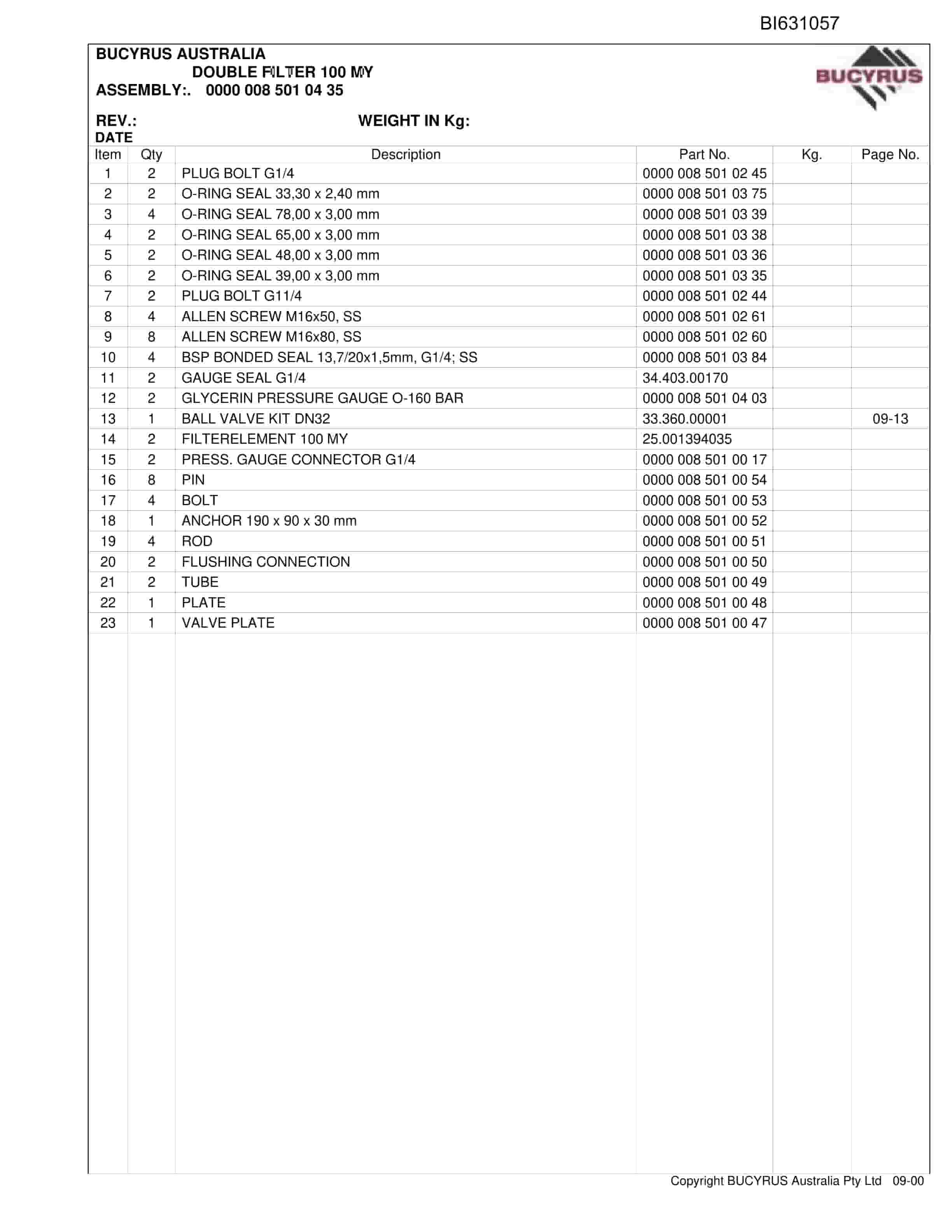 Bucyrus Filter Station Grasstree 2006 Parts Catalog BI631057-5