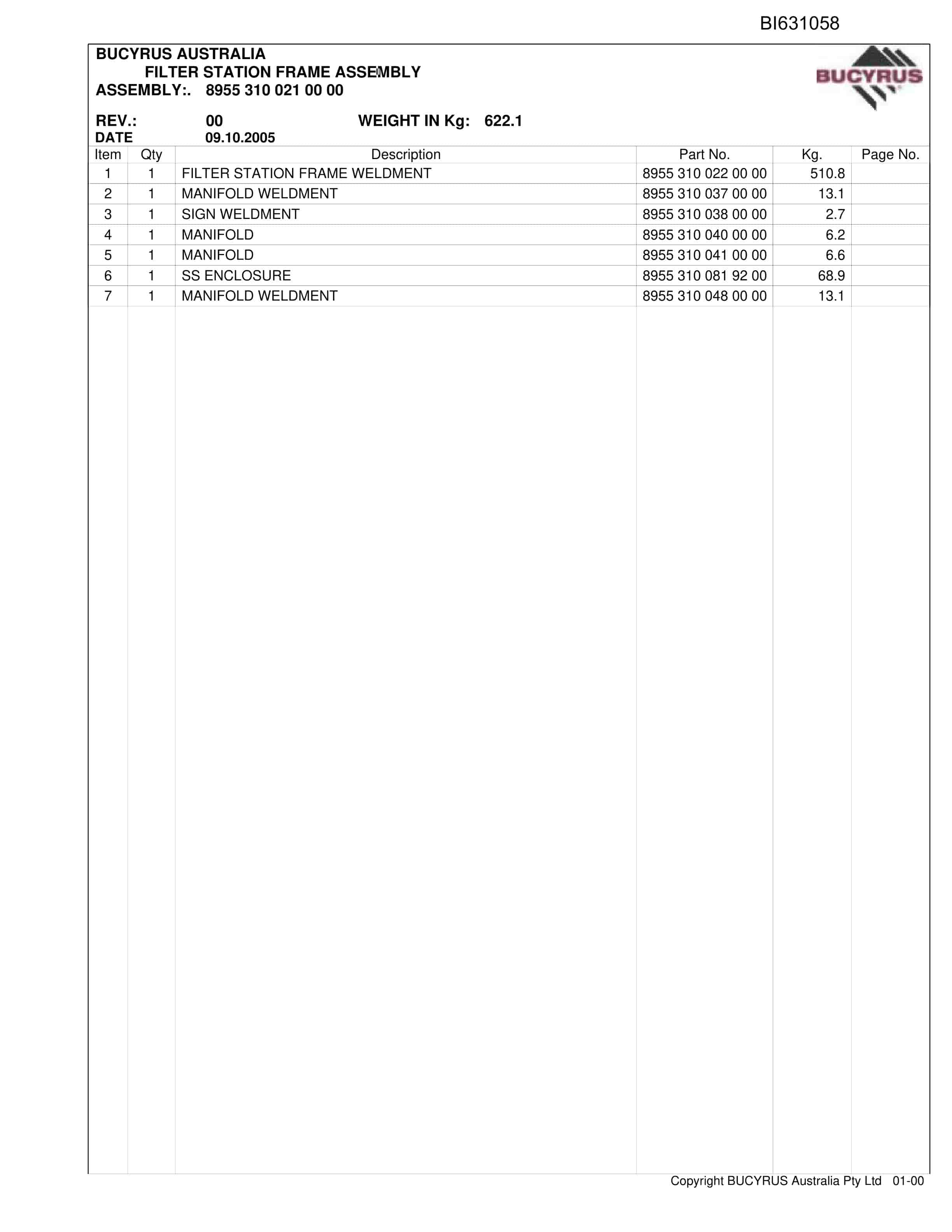 Bucyrus Filter Station Grasstree 2008 Parts Catalog BI631058-2