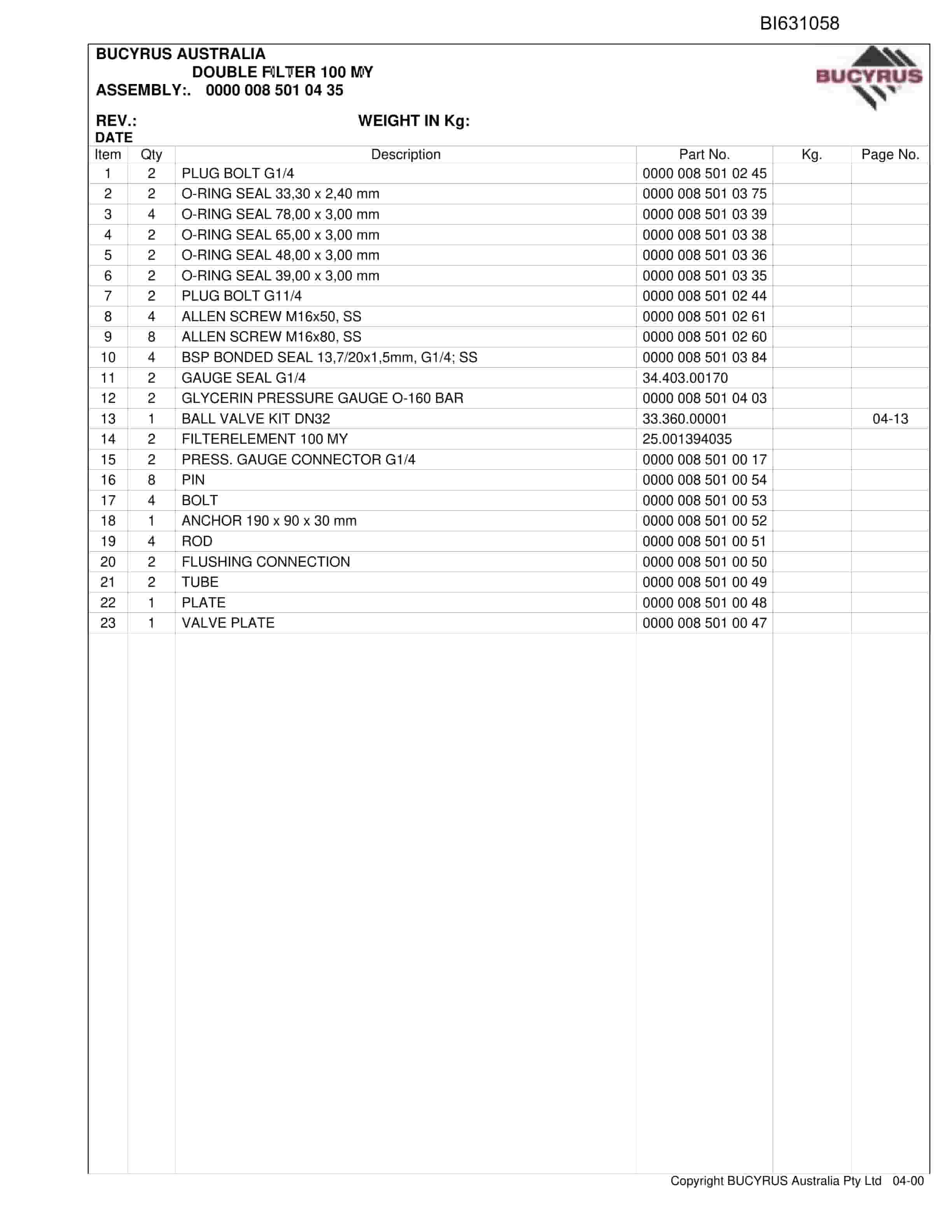 Bucyrus Filter Station Grasstree 2008 Parts Catalog BI631058-4