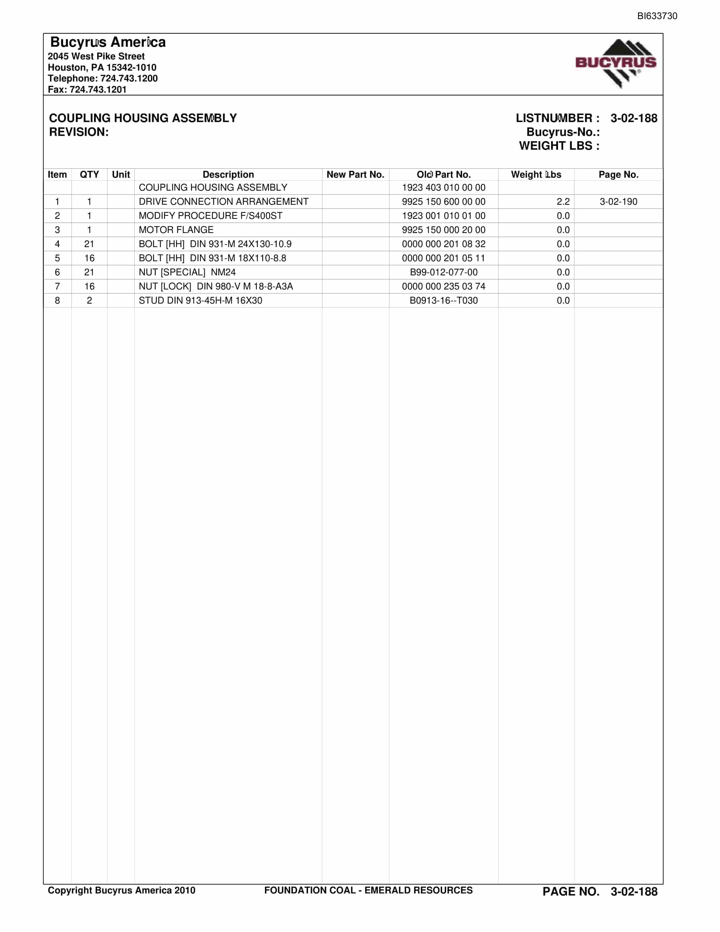 Bucyrus Foundation Coal - Emerald Resources Parts Catalog BI633730-4