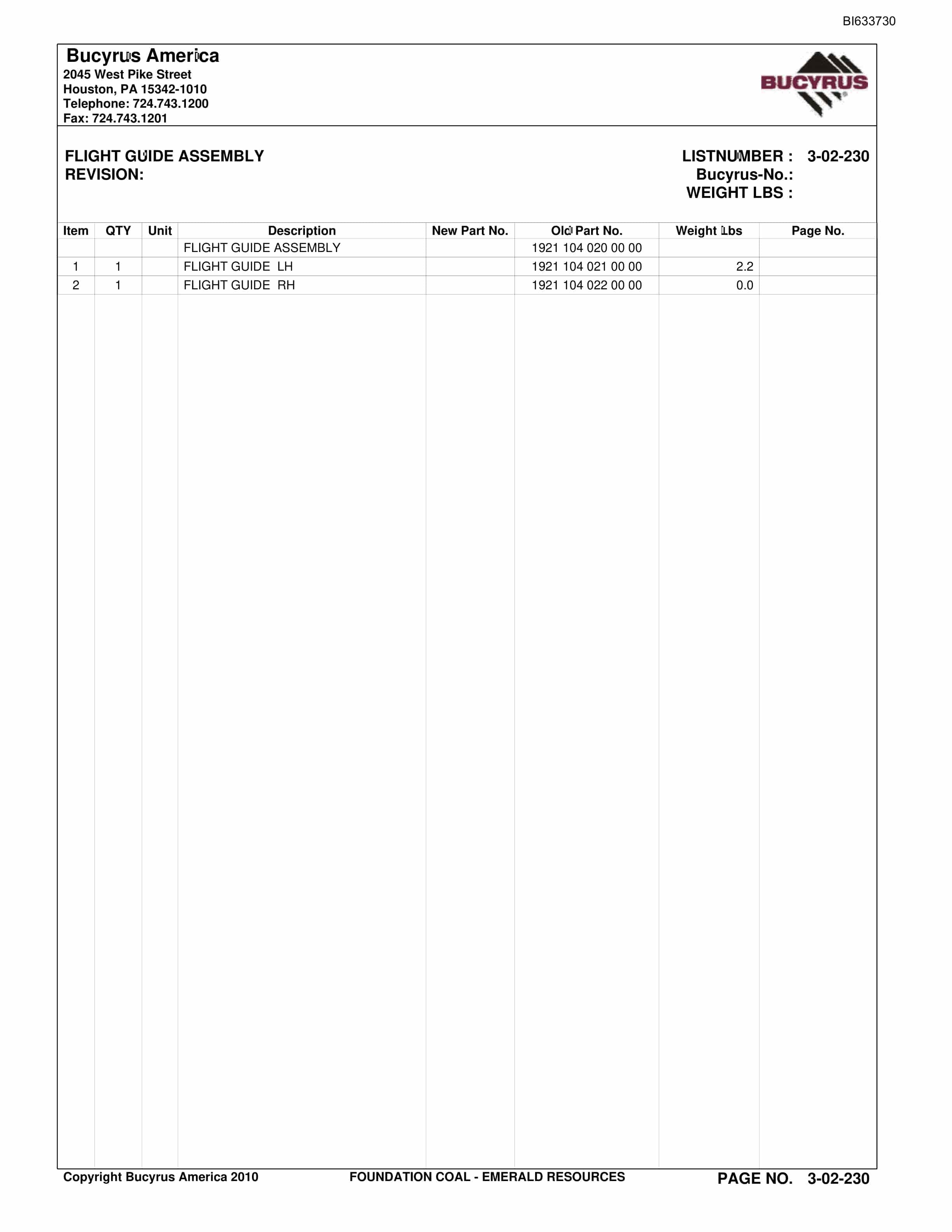 Bucyrus Foundation Coal - Emerald Resources Parts Catalog BI633730-5