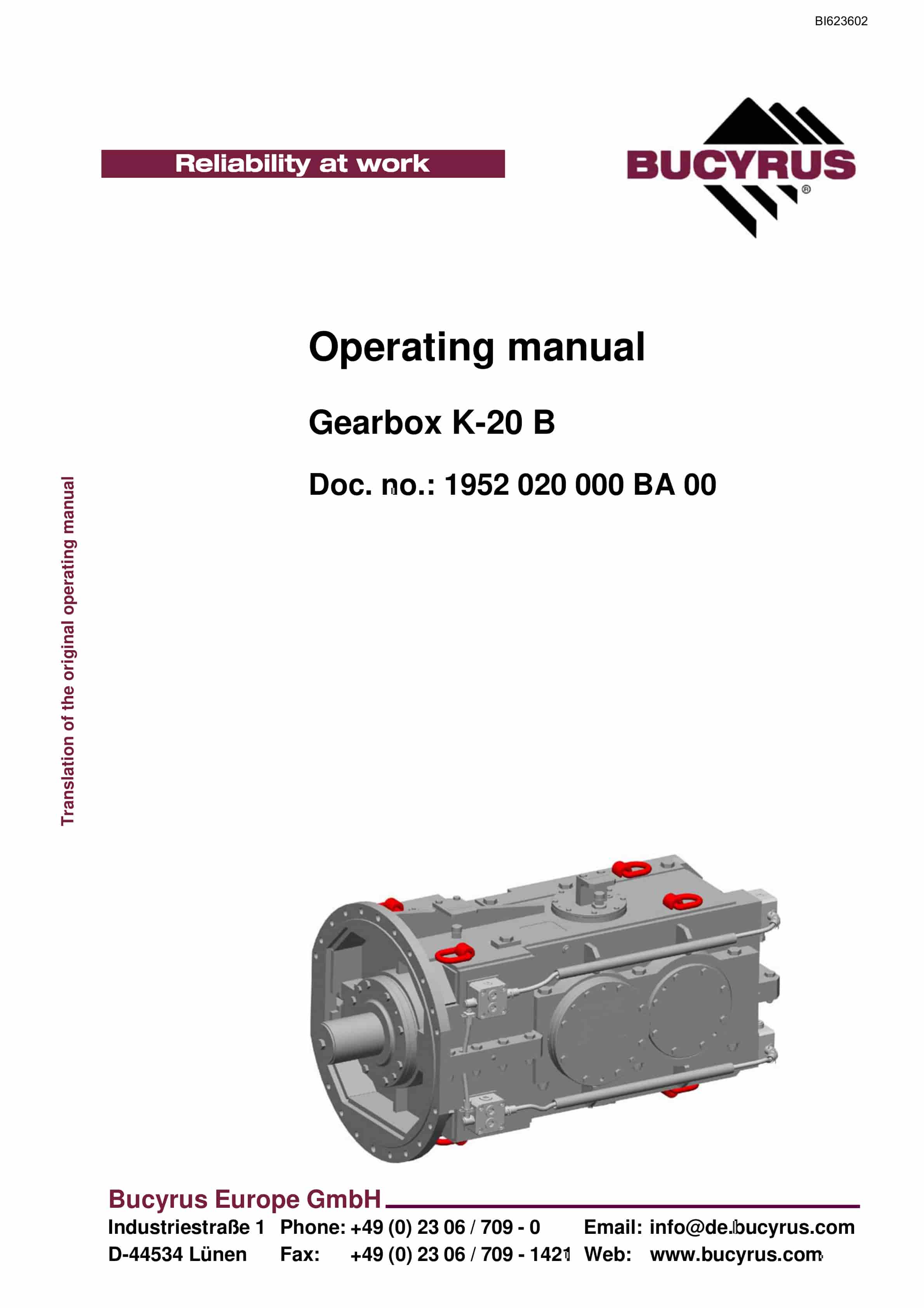 Bucyrus Gearbox K-20 B Operating Manual BI623602