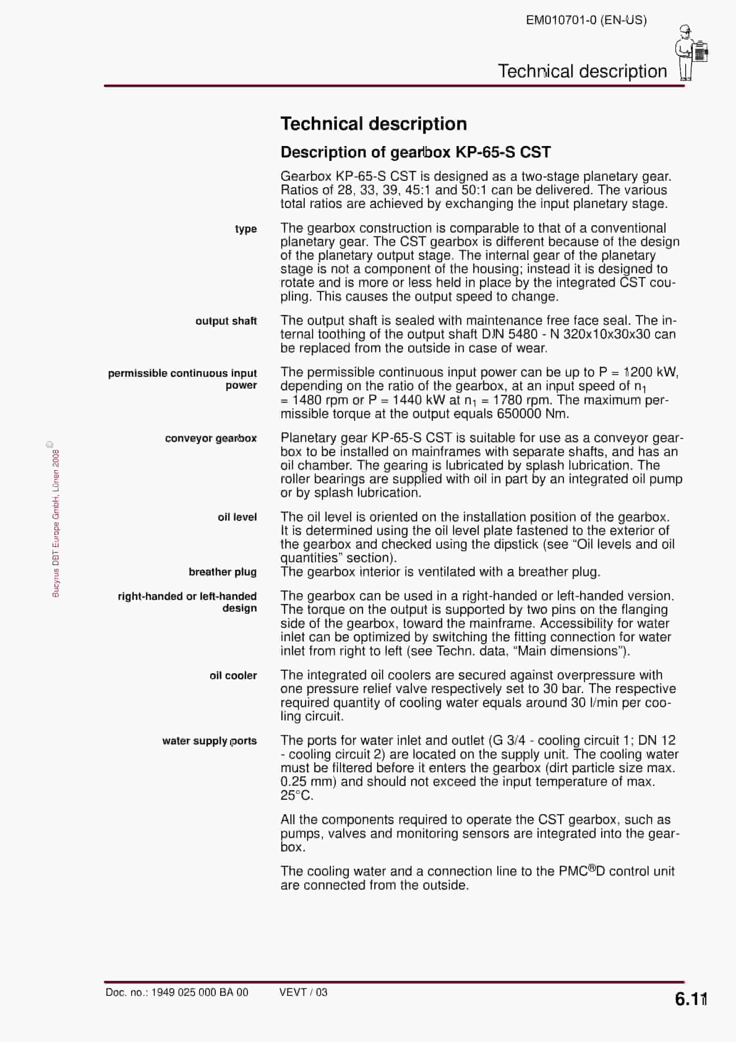 Bucyrus Gearbox KP-65-(S) CST Operating Manual EM010701-0-3