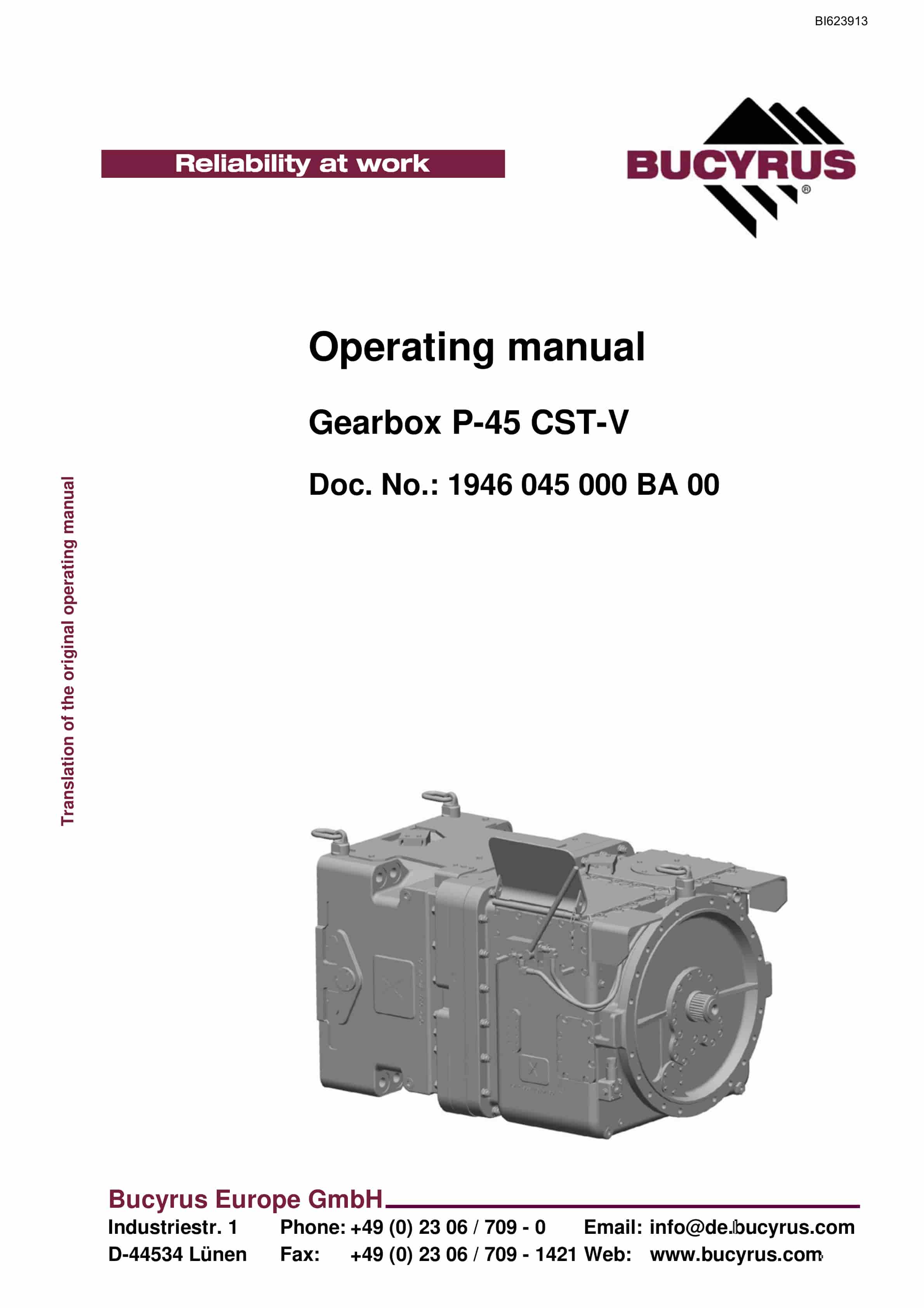 Bucyrus Gearbox P-45 CST-V Operating Manual BI623913