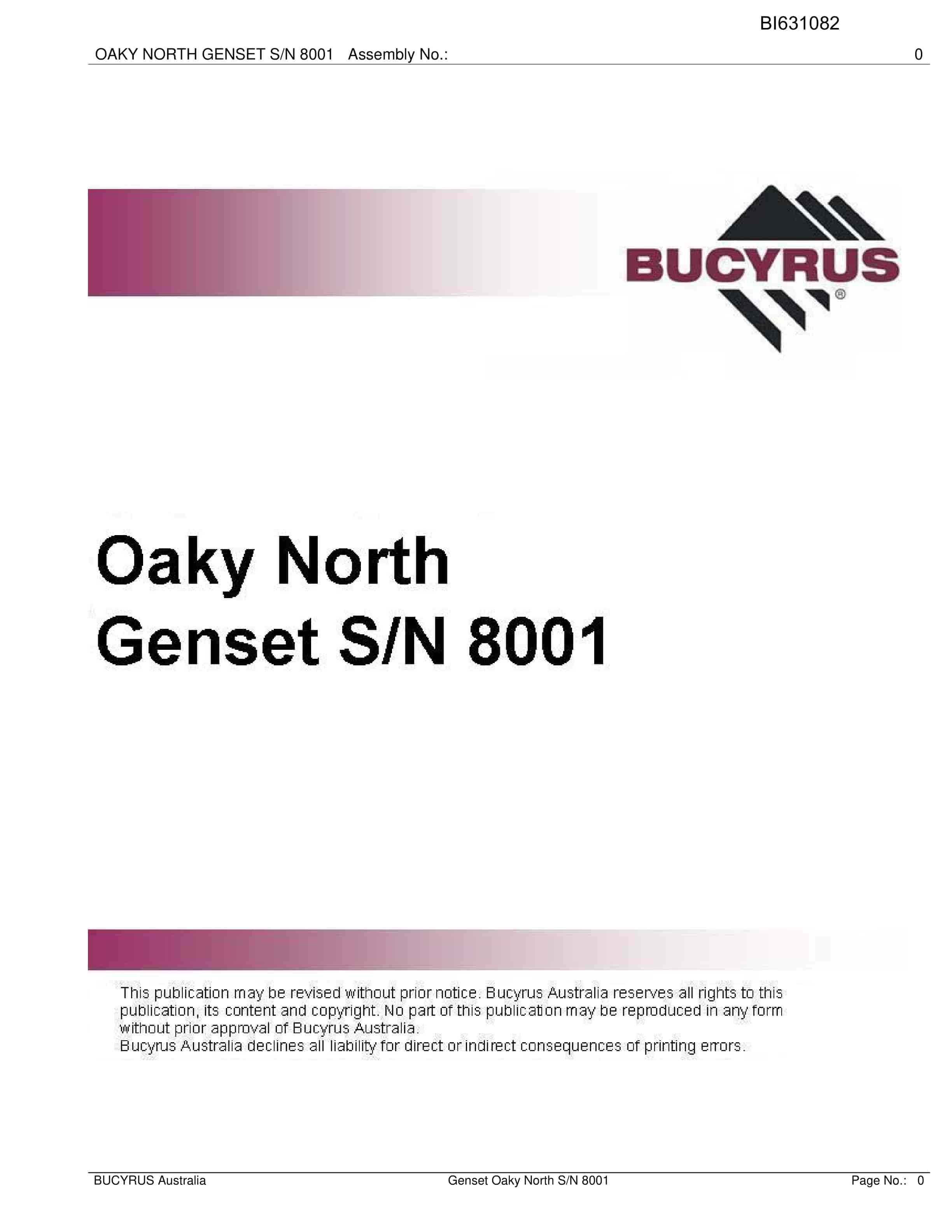 Bucyrus Genset Oaky North Parts Catalog BI631082