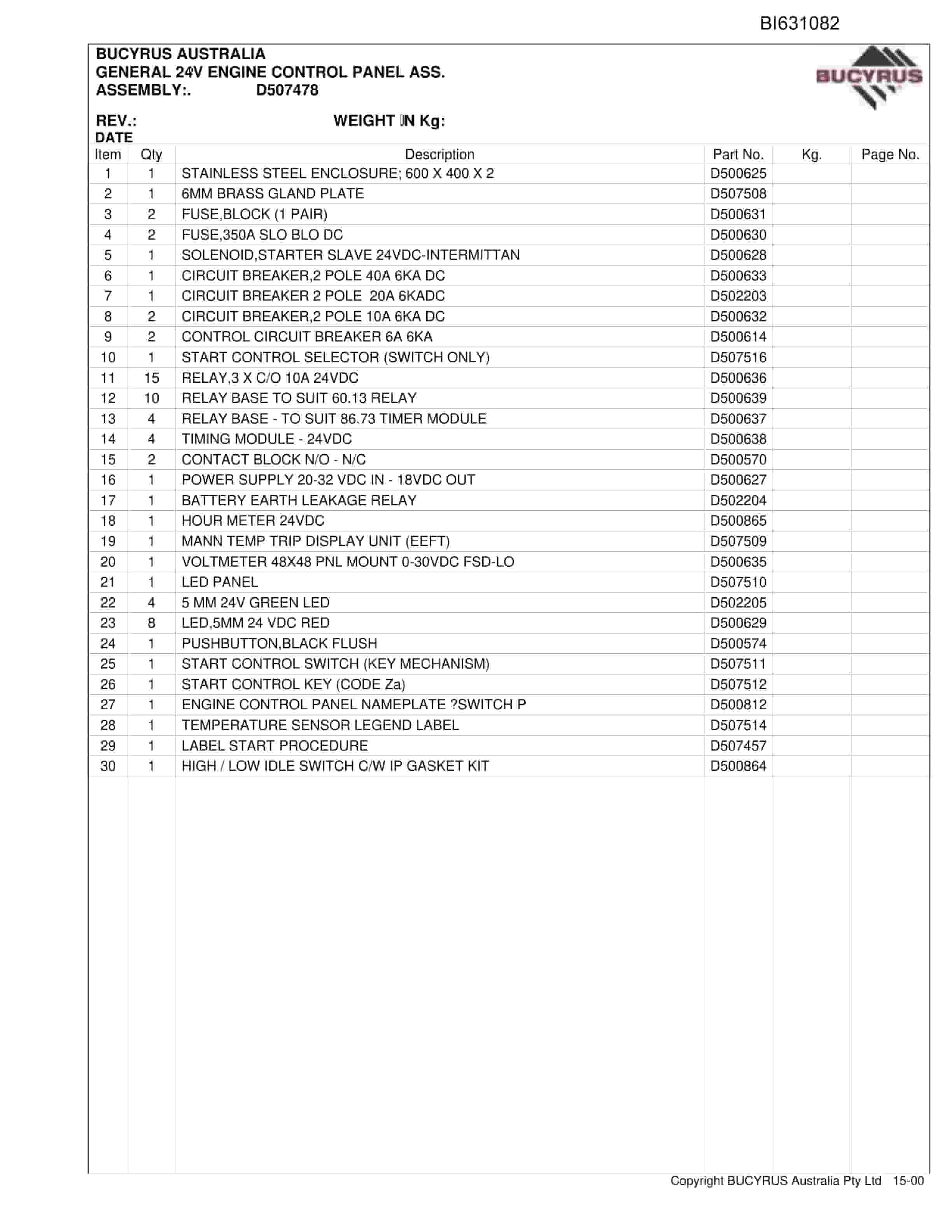 Bucyrus Genset Oaky North Parts Catalog BI631082-3