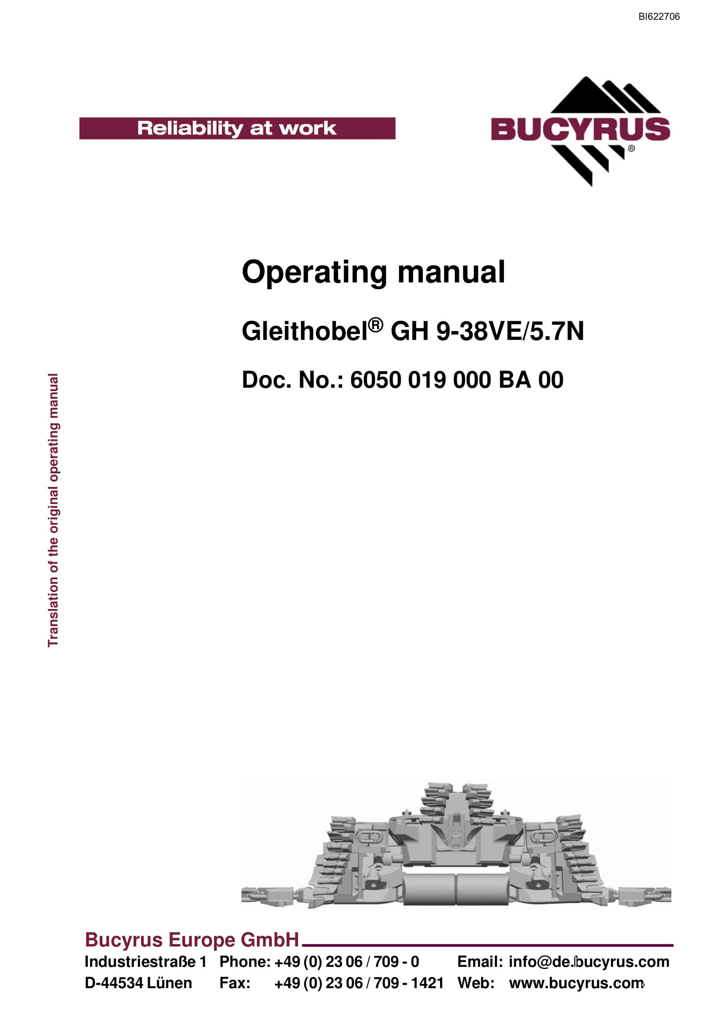 Bucyrus Gleithobel GH 9-38VE-5.7N Operating Manual BI622706