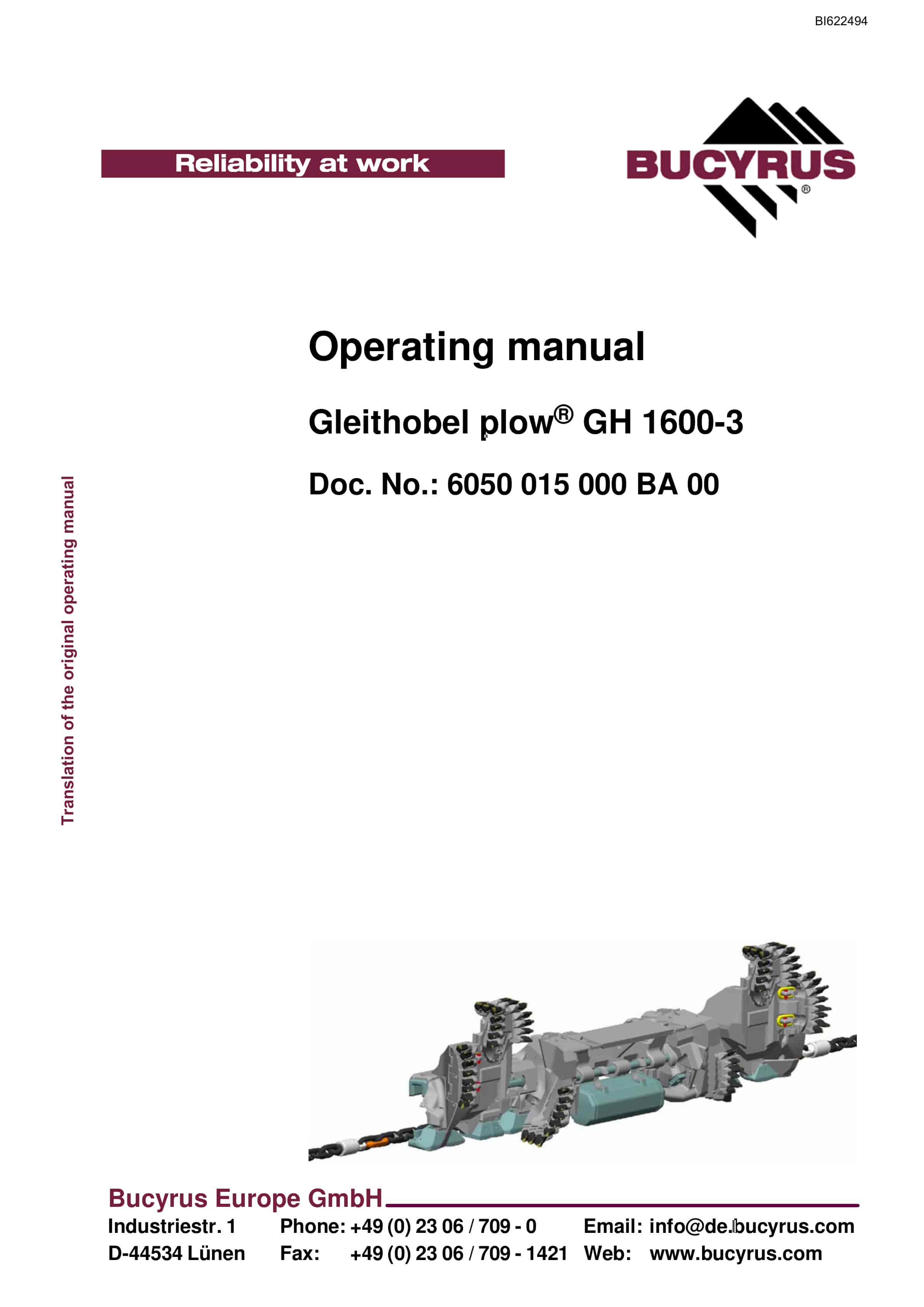 Bucyrus Gleithobel Plow GH 1600-3 Operating Manual BI622494