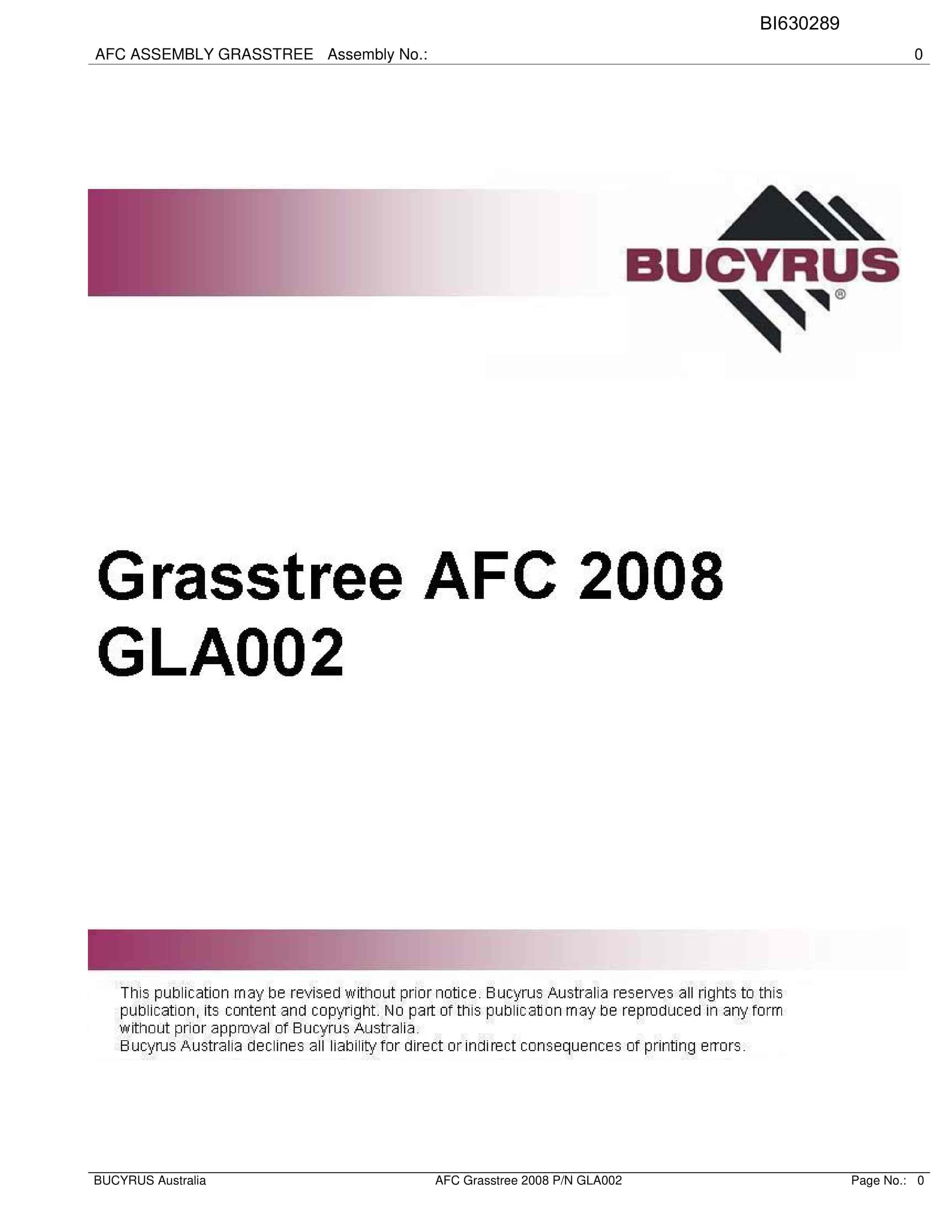 Bucyrus Grasstree AFC 2008 GLA002 Parts Catalog BI630289