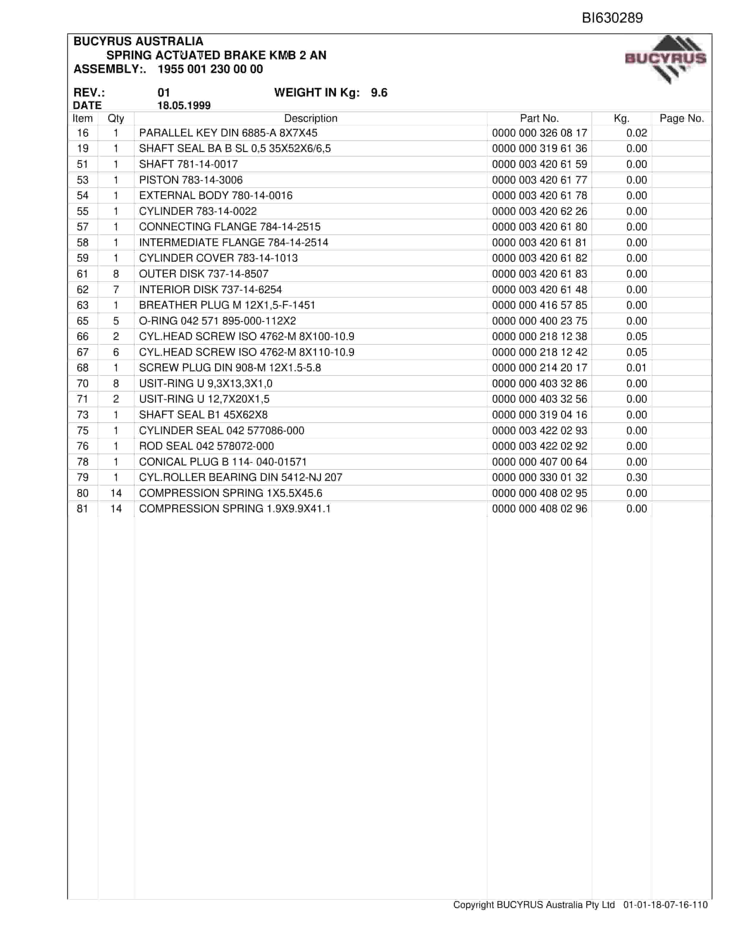 Bucyrus Grasstree AFC 2008 GLA002 Parts Catalog BI630289-2