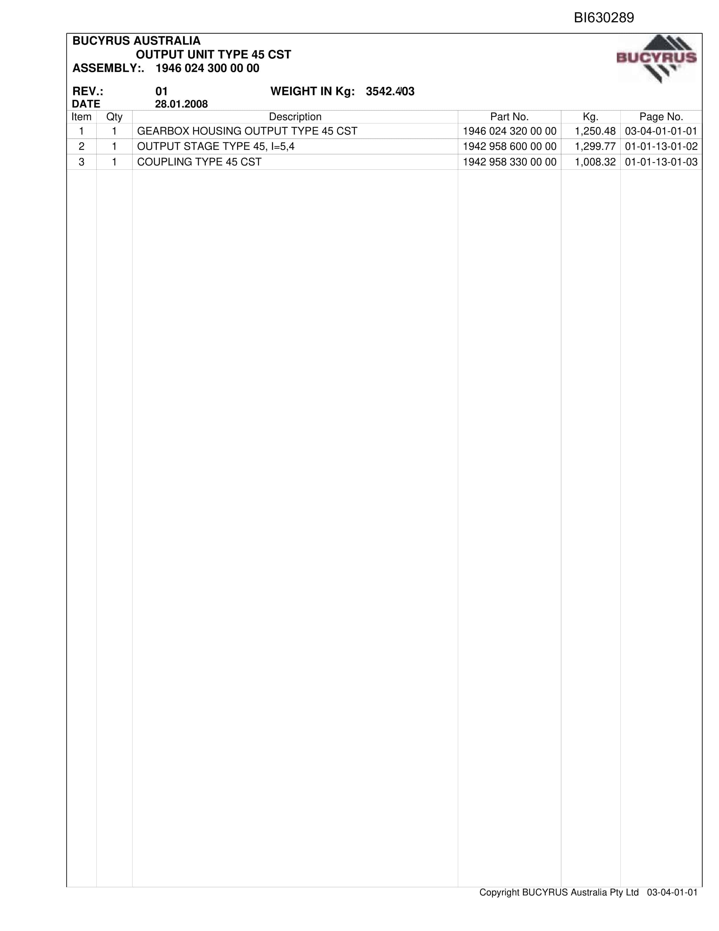 Bucyrus Grasstree AFC 2008 GLA002 Parts Catalog BI630289-5