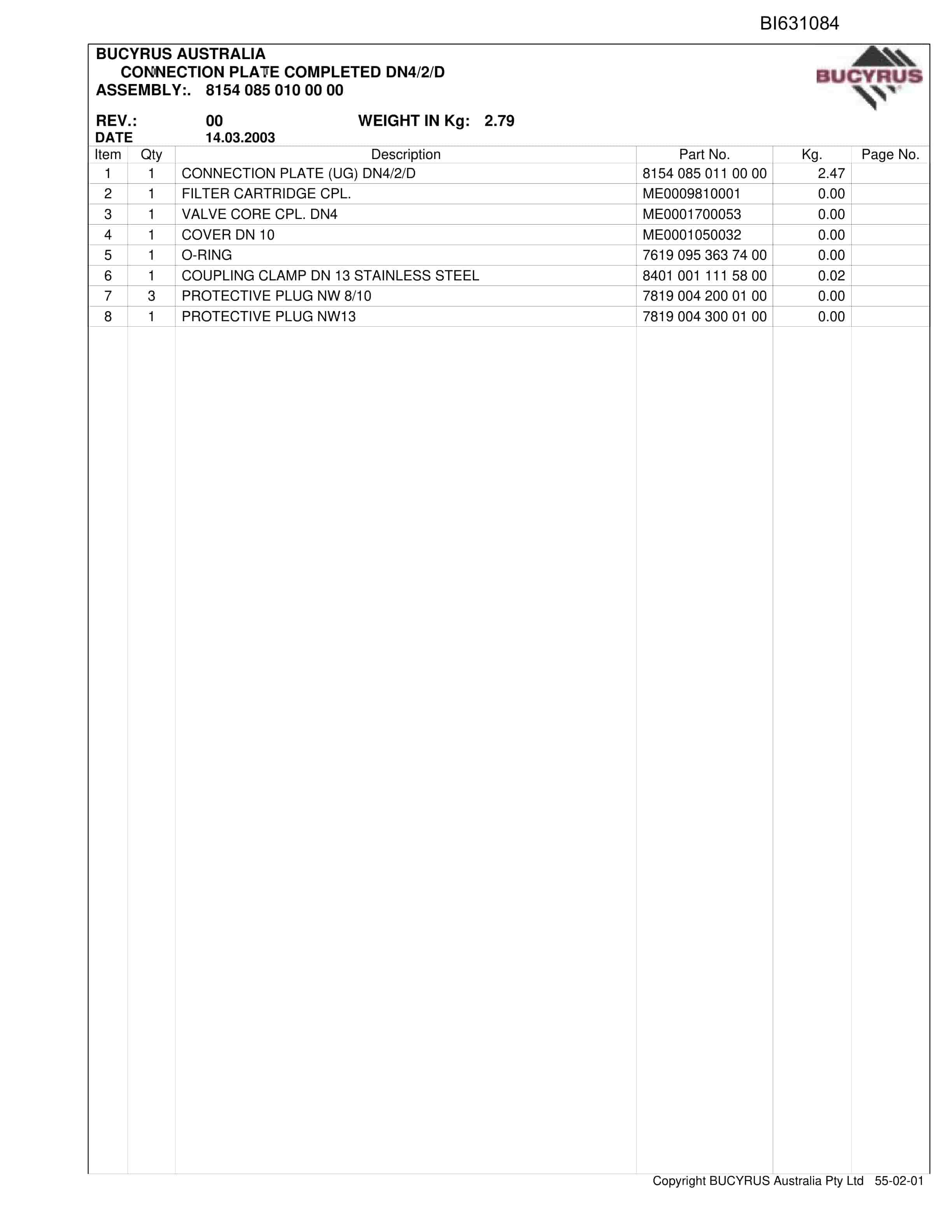 Bucyrus Grasstree E-Frame Parts Catalog BI631084-2