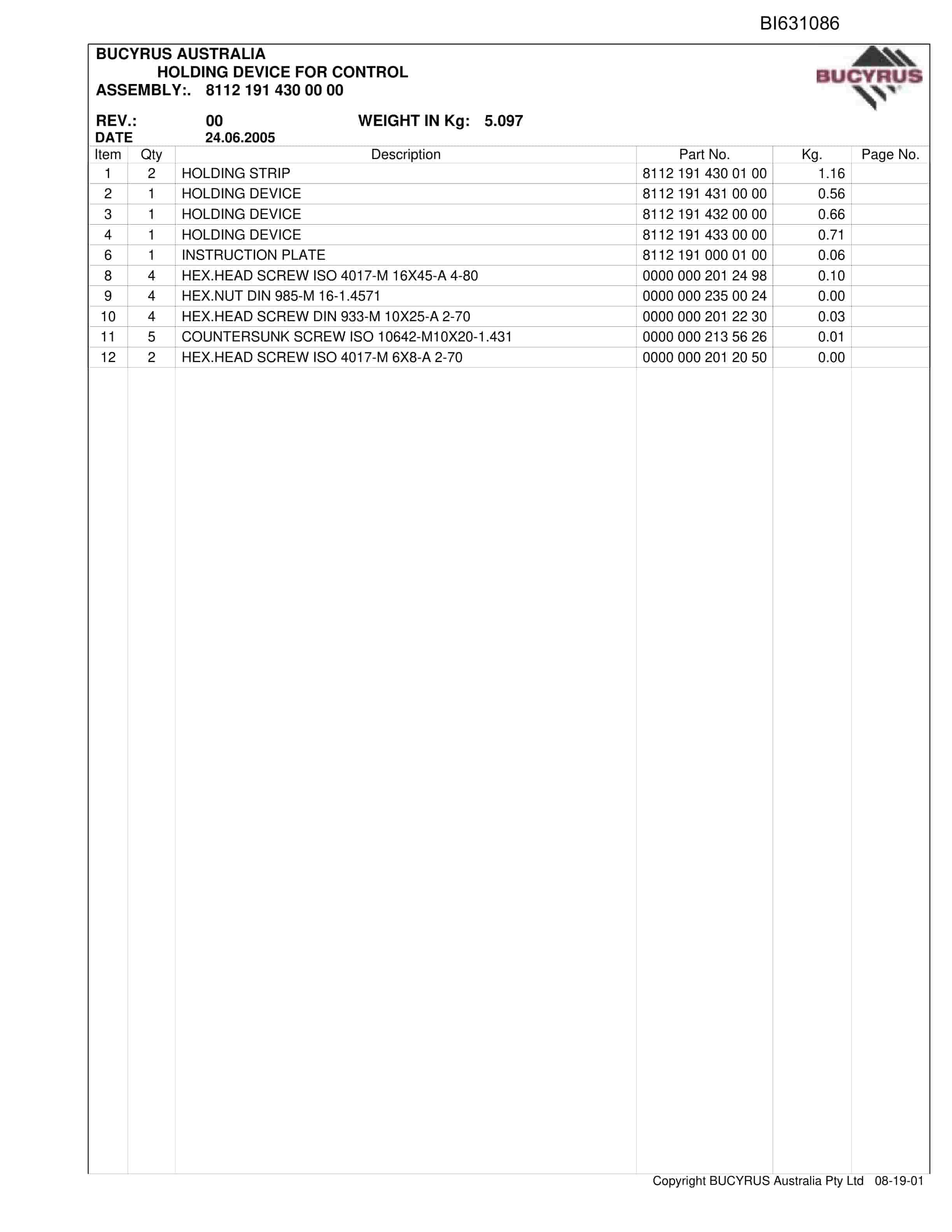 Bucyrus Grasstree Hydraulics Parts Catalog BI631086-2