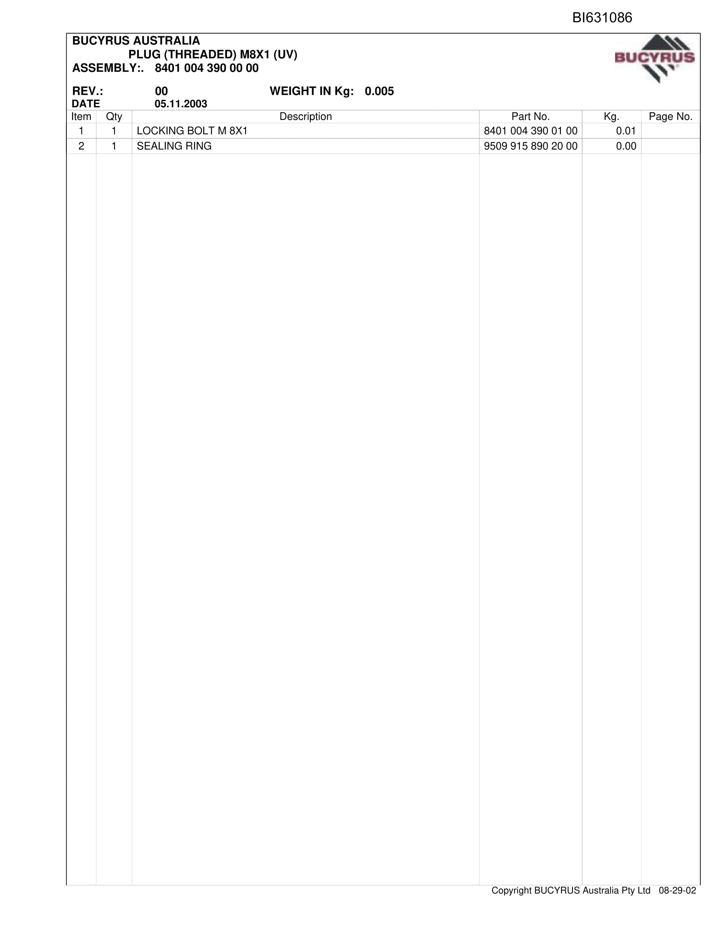 Bucyrus Grasstree Hydraulics Parts Catalog BI631086-4
