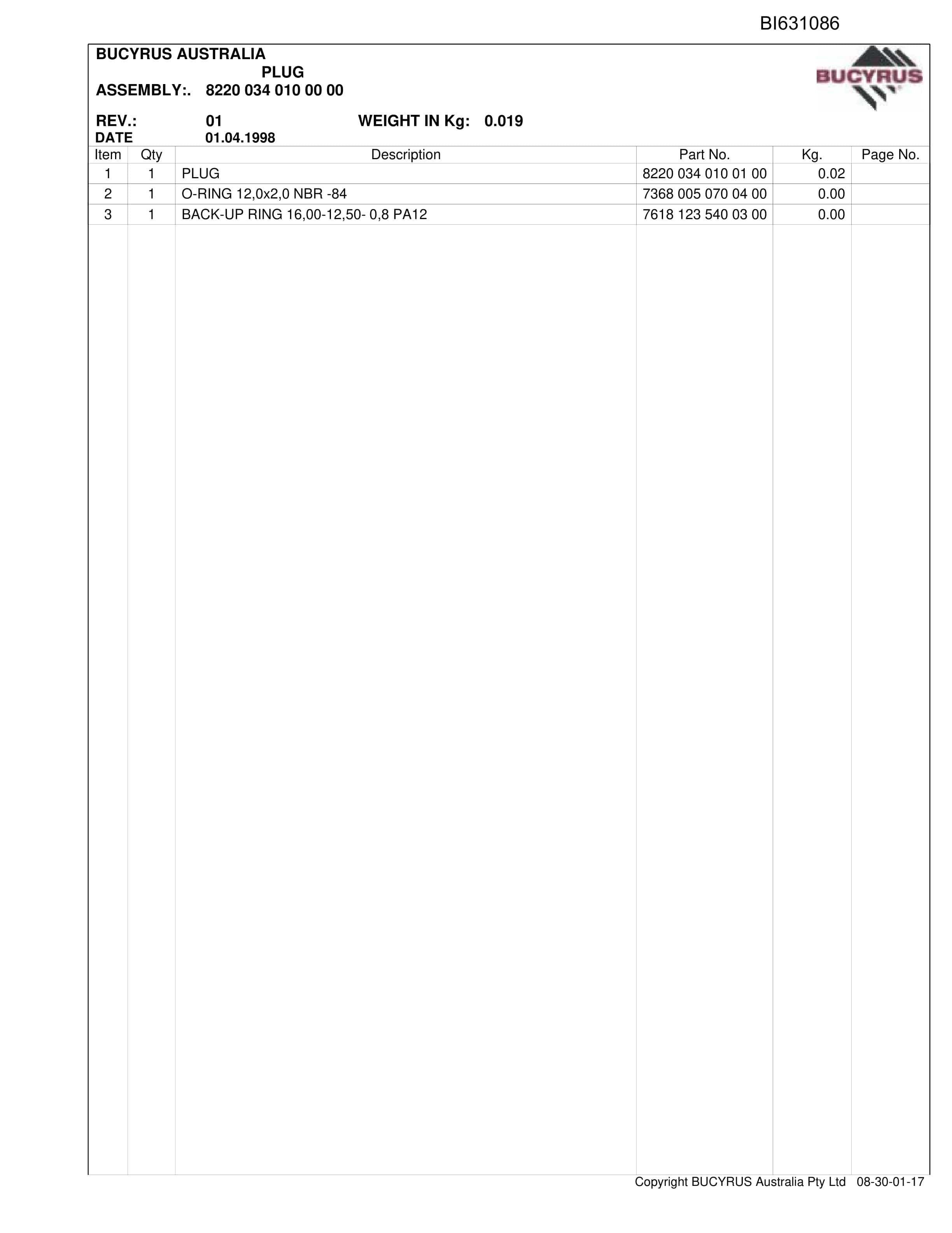 Bucyrus Grasstree Hydraulics Parts Catalog BI631086-5