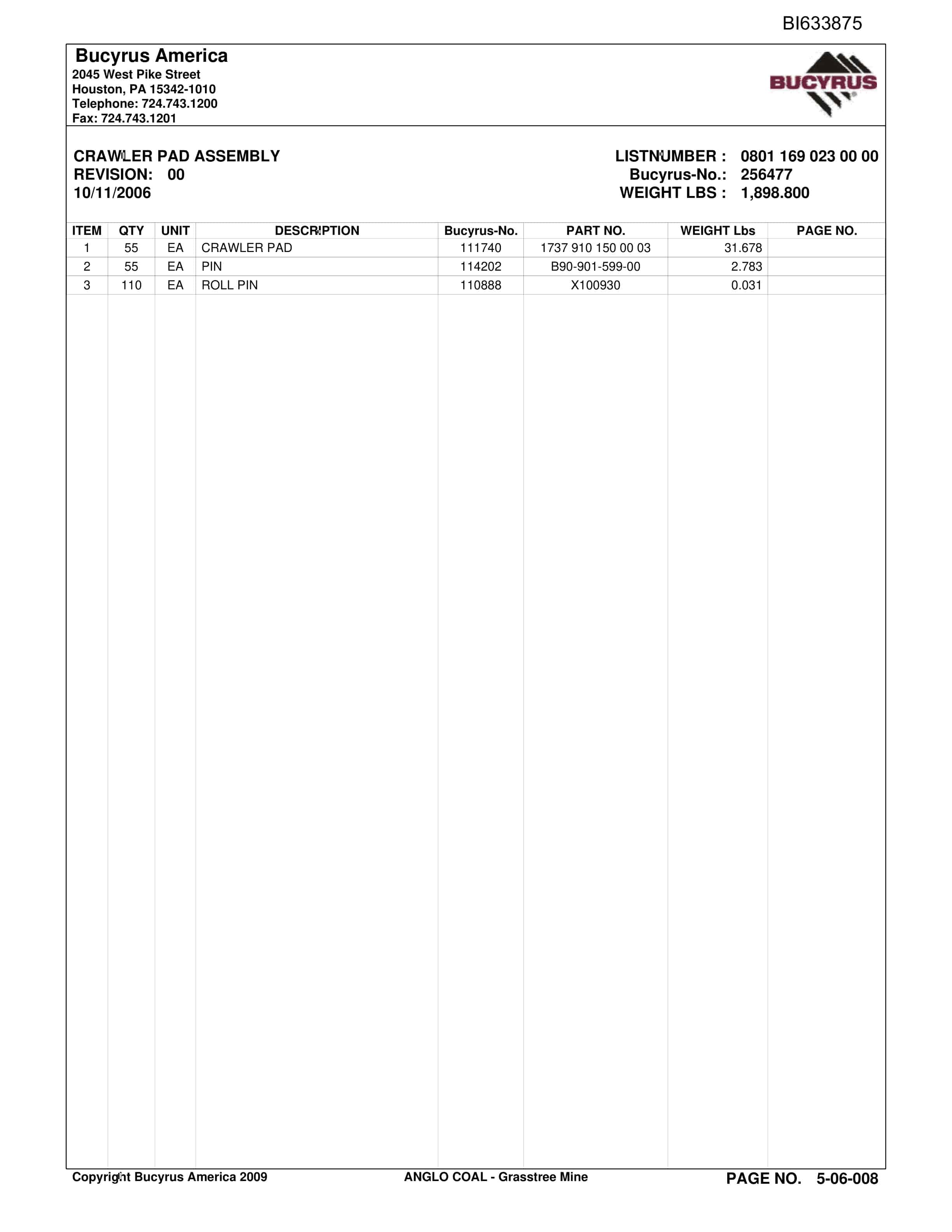 Bucyrus Grasstree Mine Parts Catalog BI633875-2