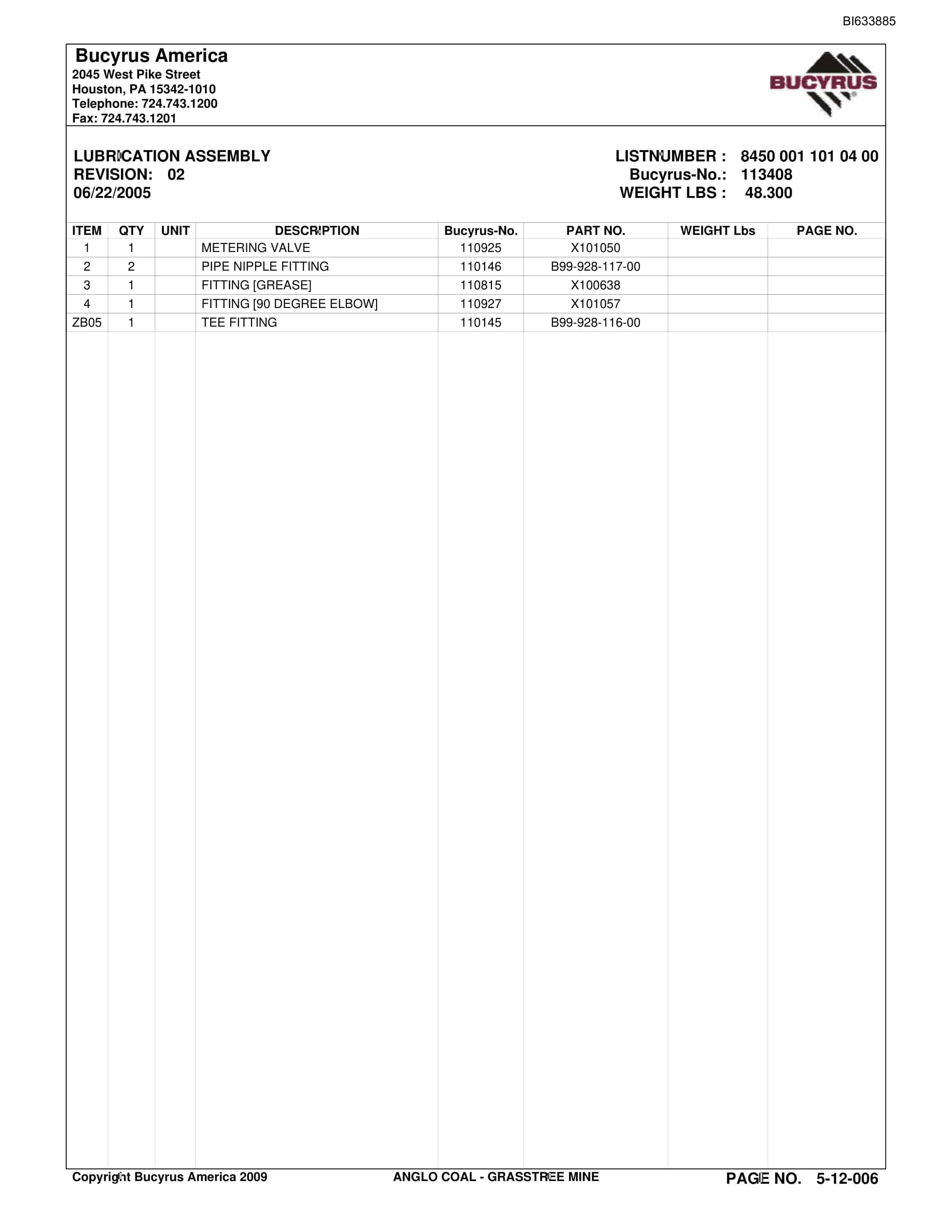 Bucyrus Grasstree Mine Parts Catalog BI633885-2