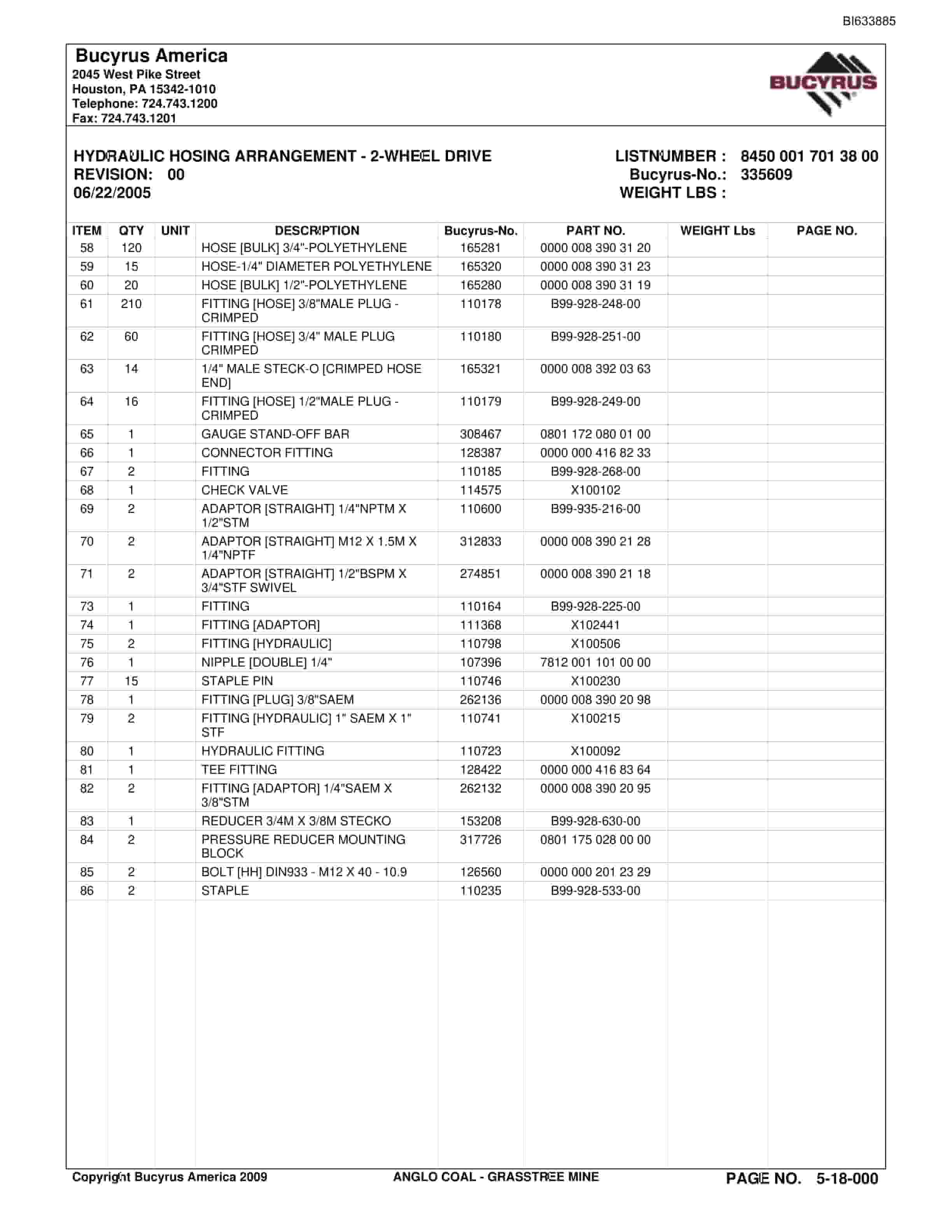 Bucyrus Grasstree Mine Parts Catalog BI633885-5