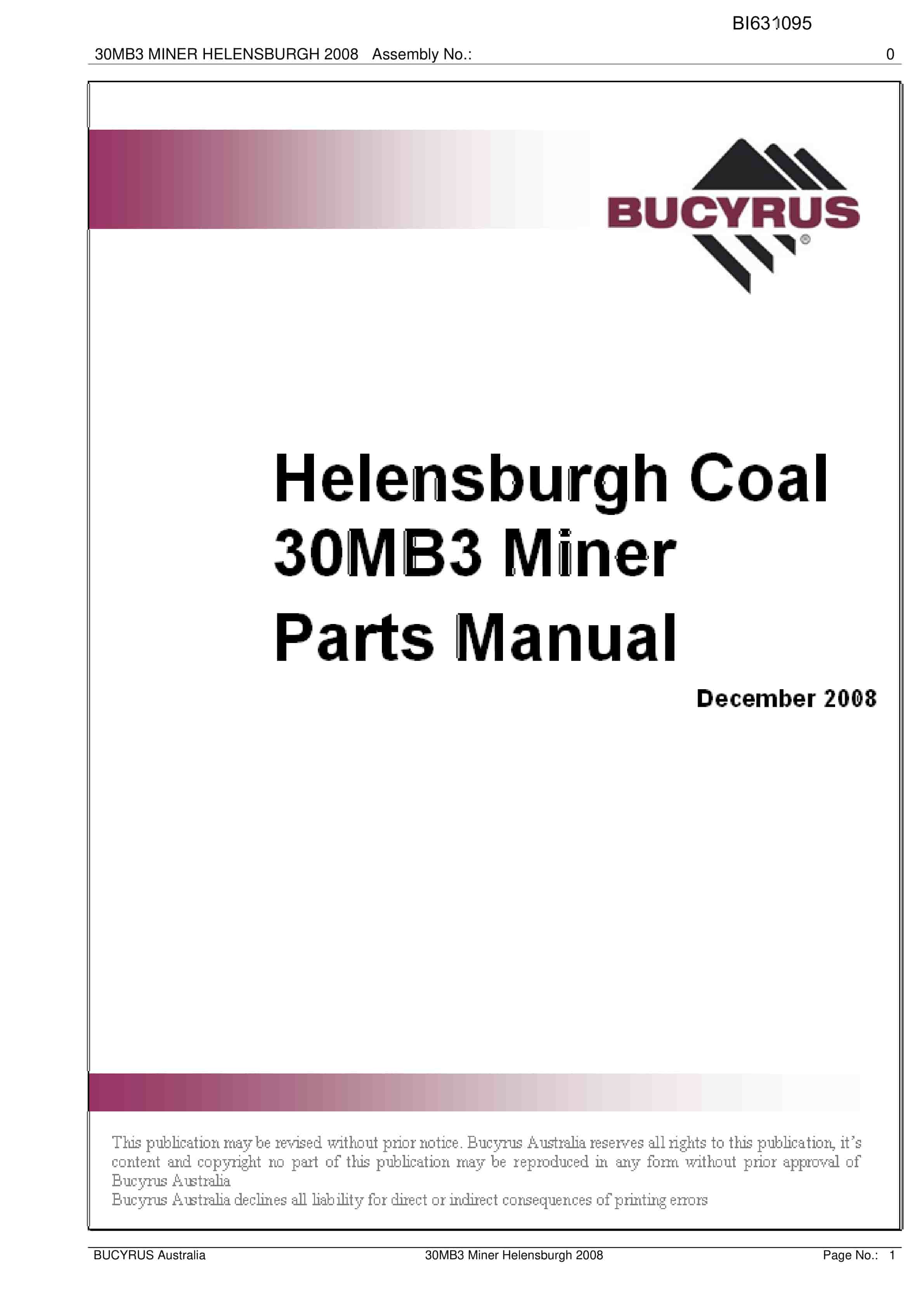 Bucyrus Helensburgh Coal 30M3 Miner Parts Catalog BI631095