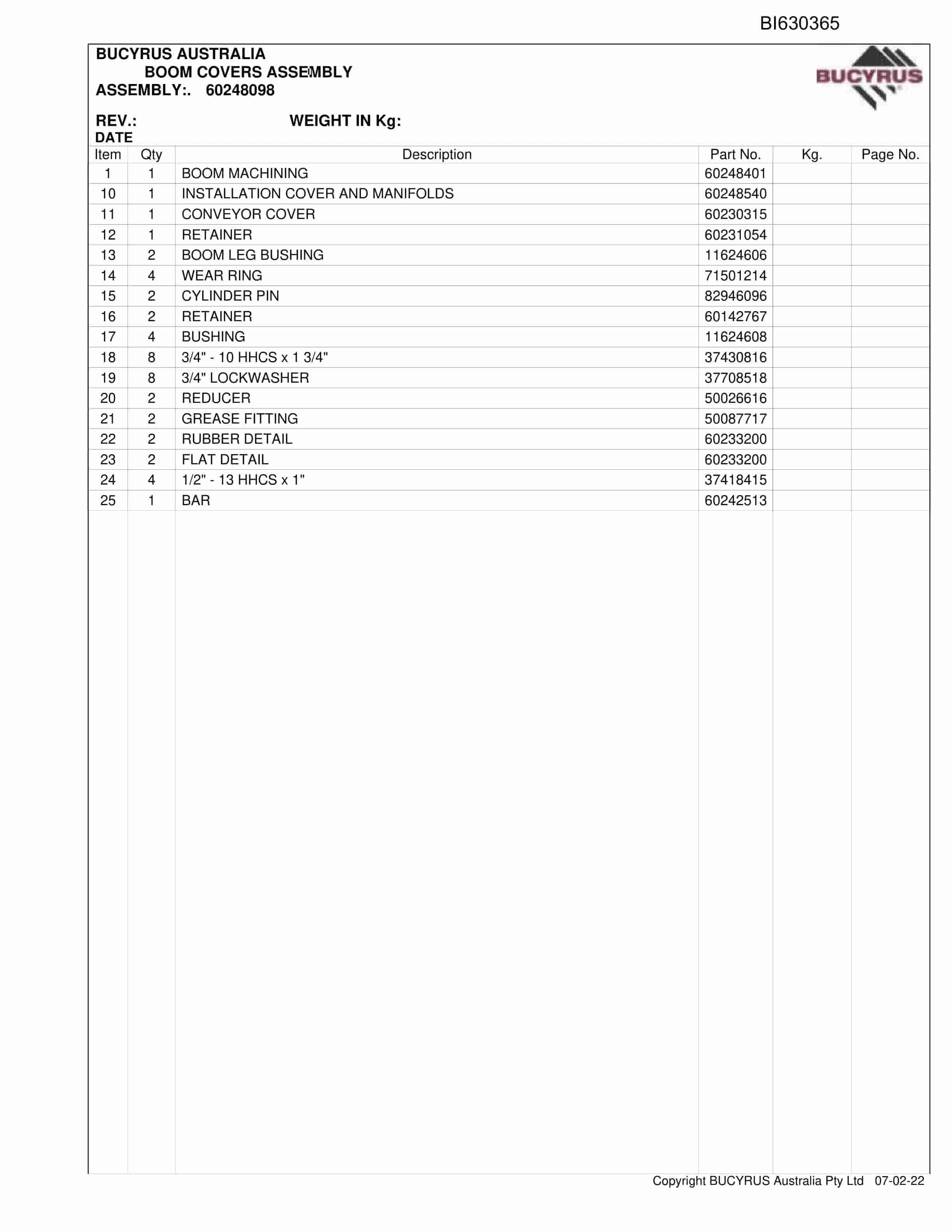 Bucyrus Helensburgh Coal Continuous Miner Parts Catalog BI630365-3