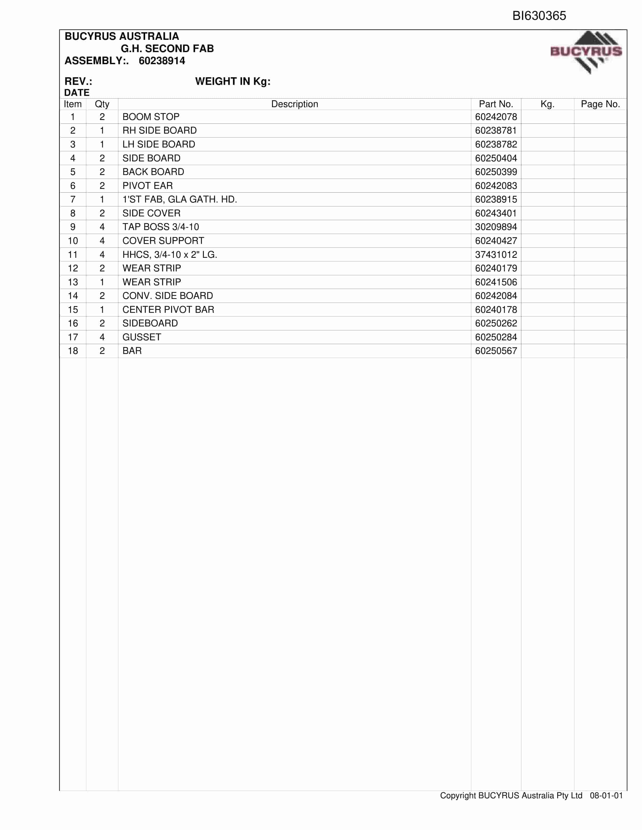 Bucyrus Helensburgh Coal Continuous Miner Parts Catalog BI630365-4