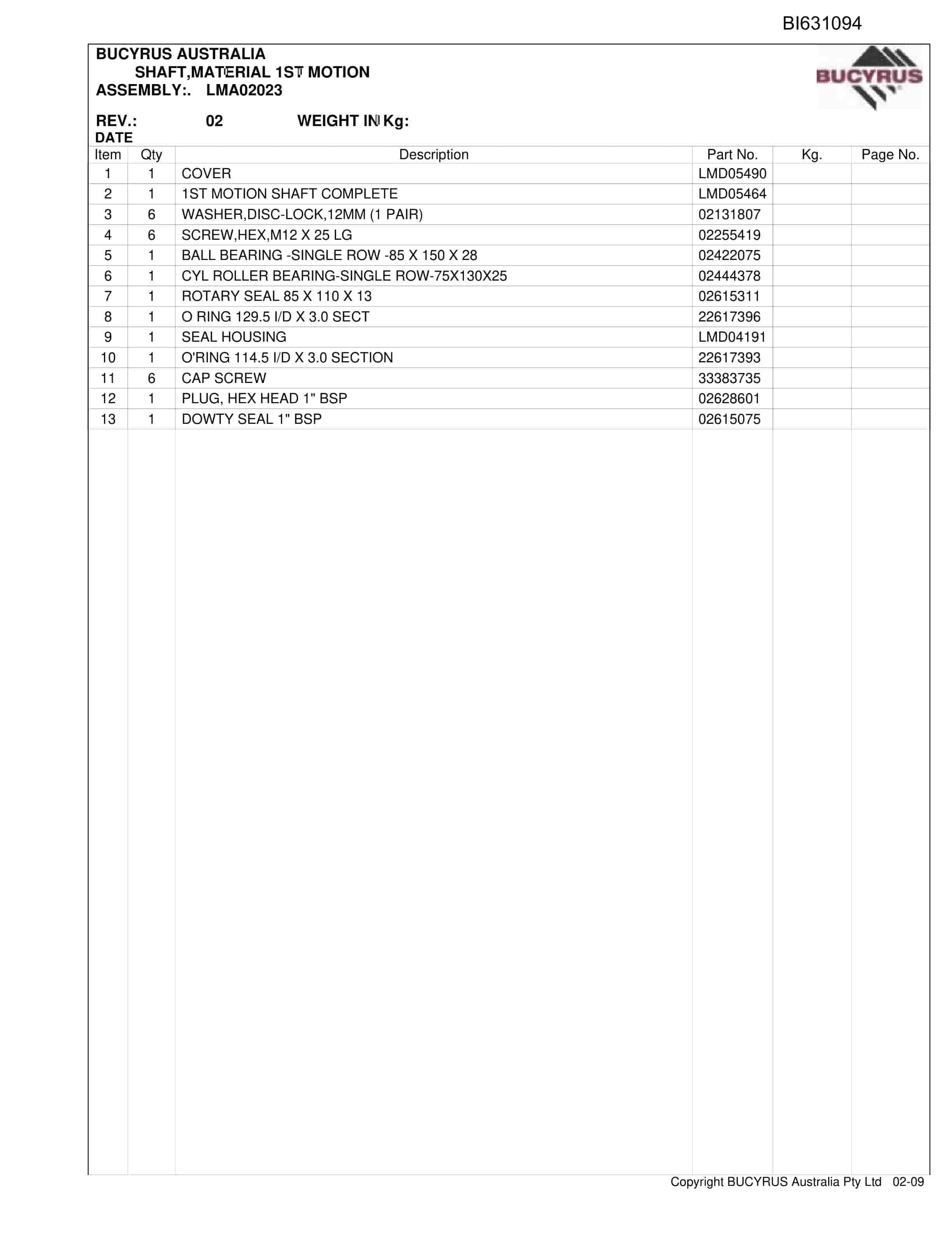 Bucyrus Hewlands Haulage Units Parts Catalog BI631094-5