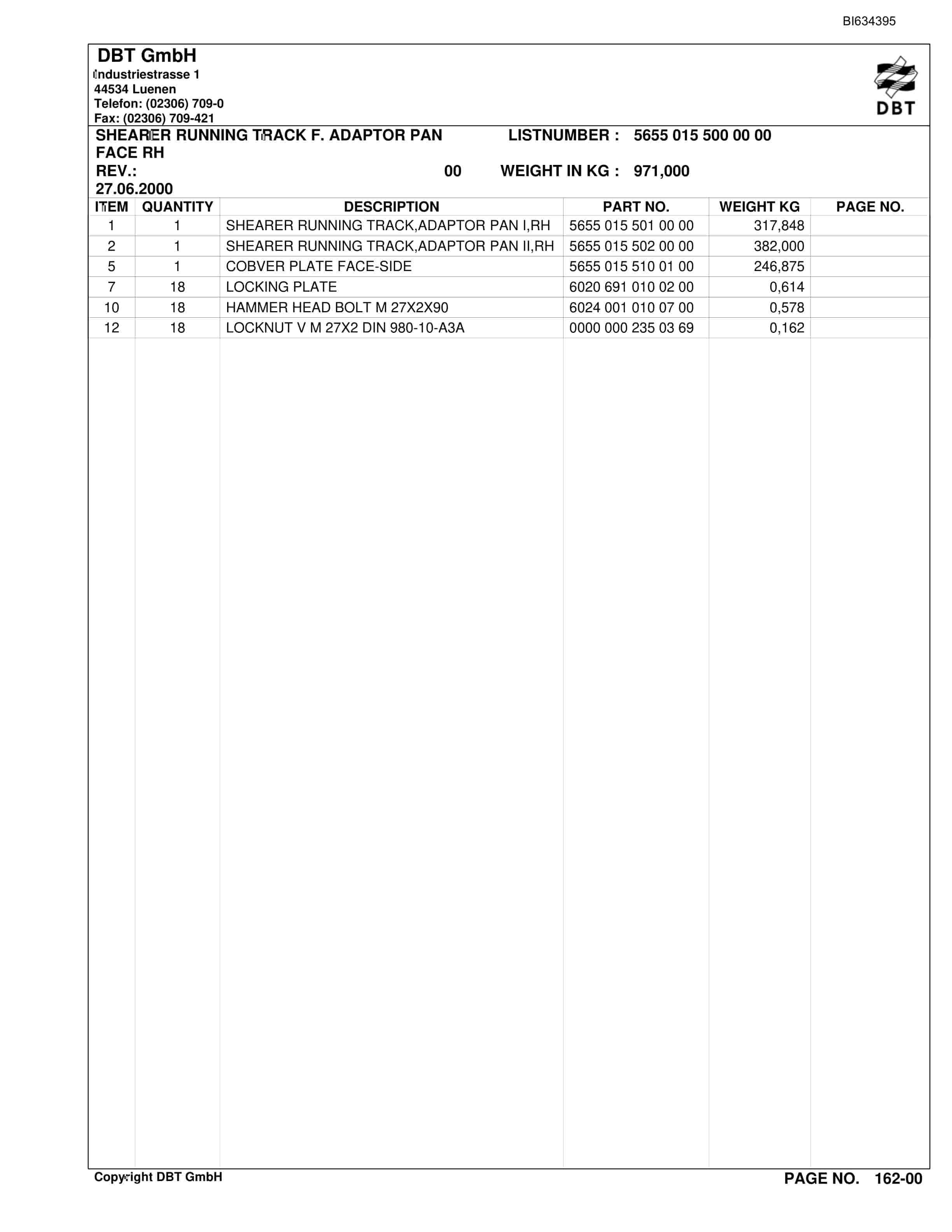 Bucyrus HUOJITU, CHINA Face Conveyor RIGHT HAnd Parts Catalog BI634395-2