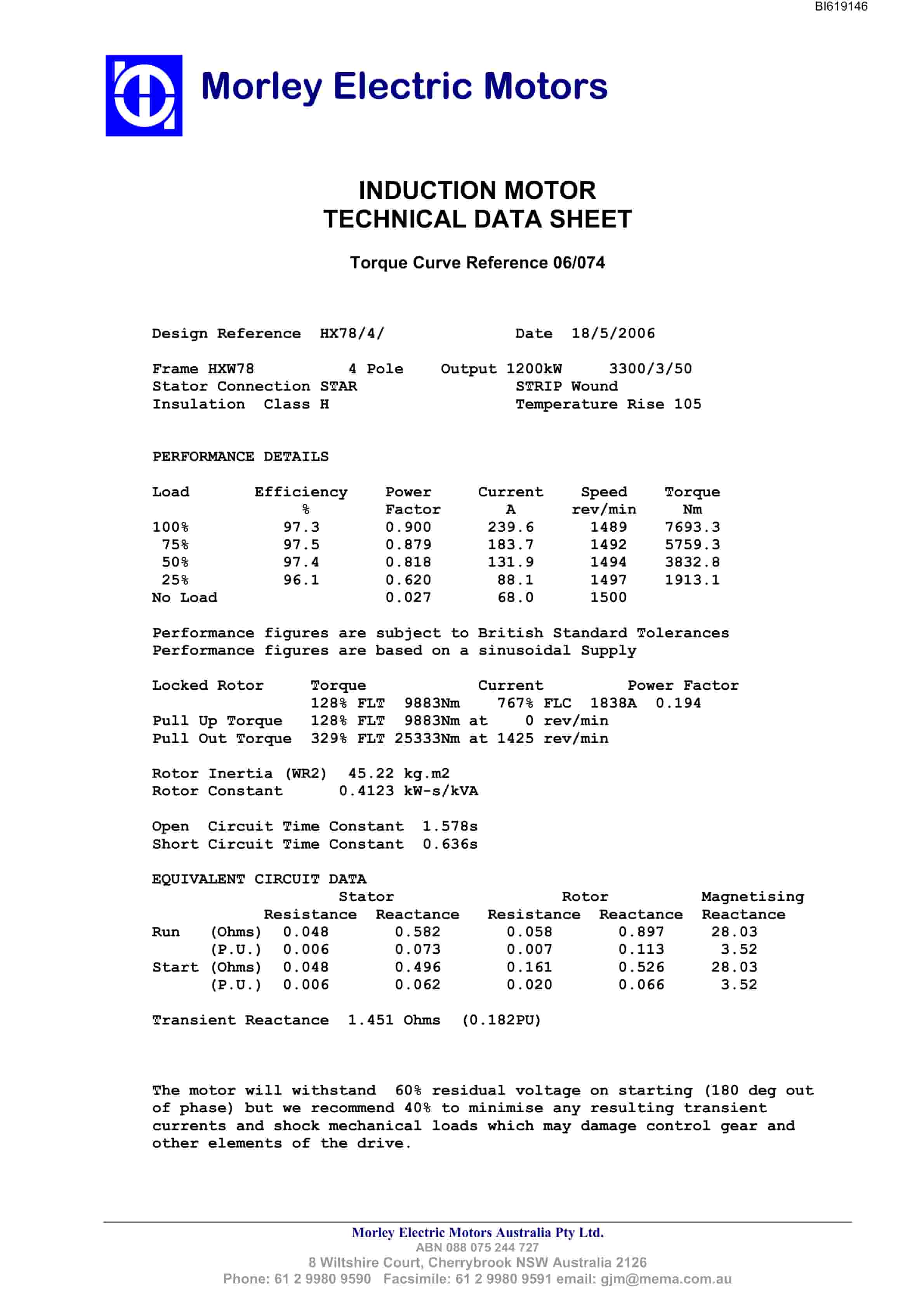 Bucyrus HXW78 1200kW 3300V AC 3 Phase TEWC Technical Manual BI619146-3