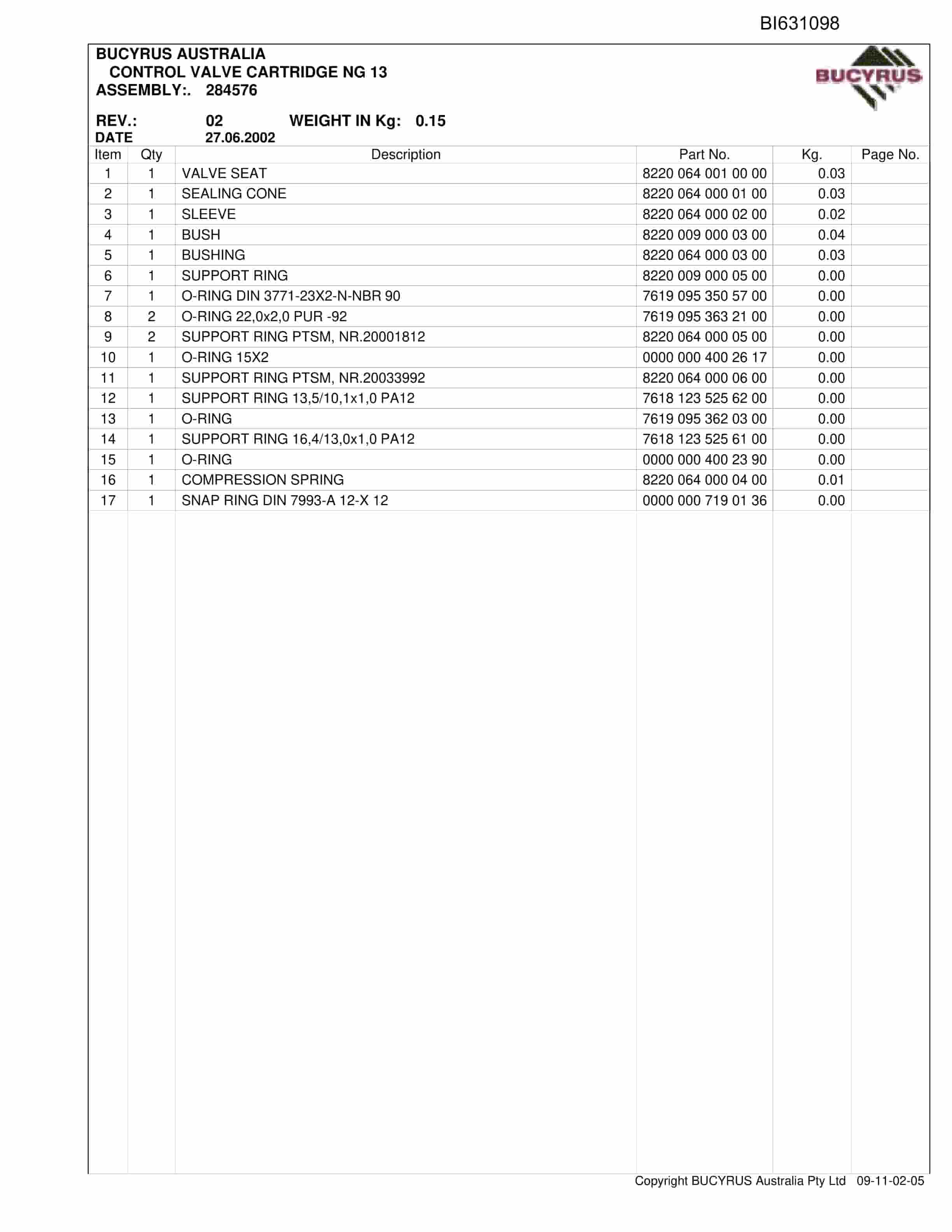 Bucyrus Hybrid Shields Newlands North 2009 Parts Catalog BI631098-2