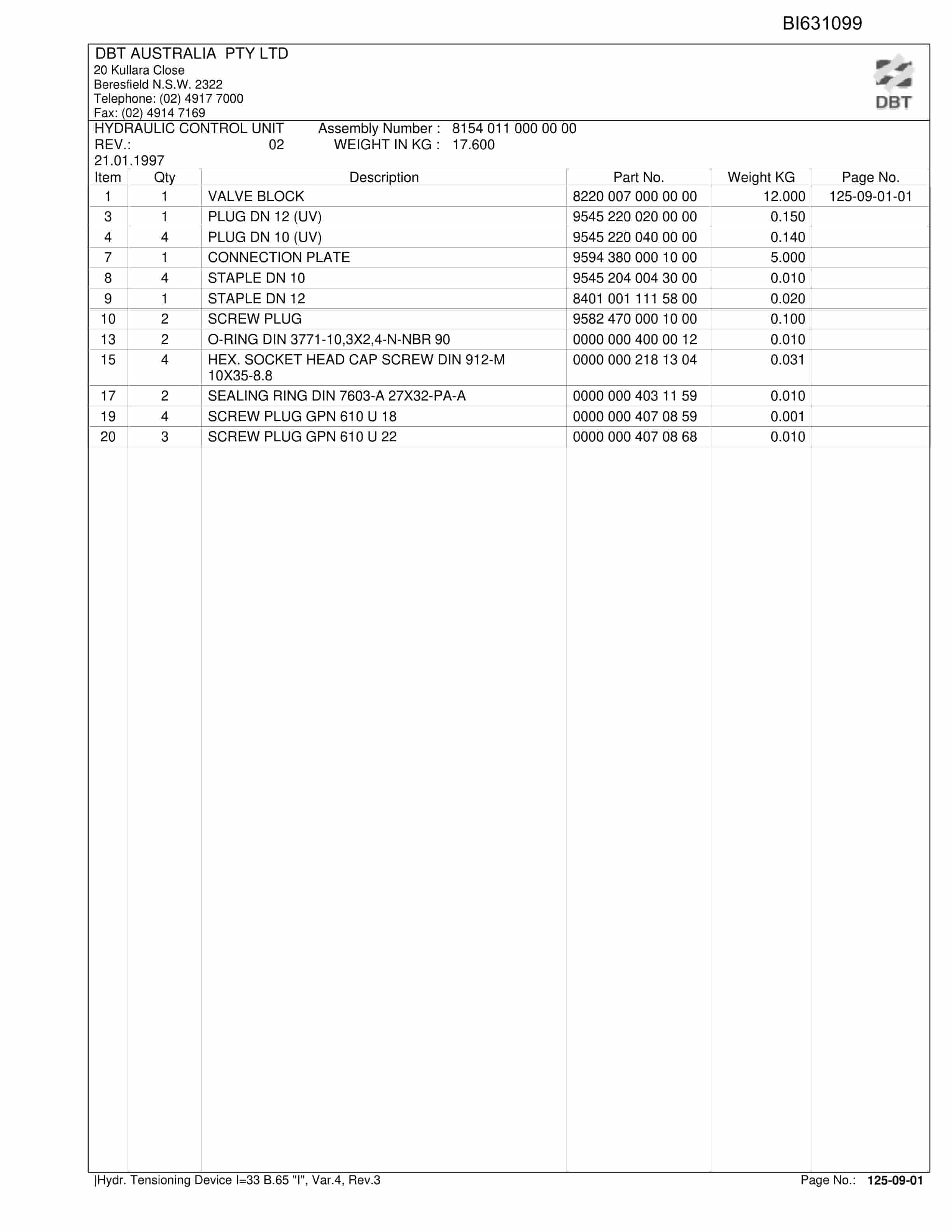 Bucyrus Hydr Tensioning Device Parts Catalog BI631099-4
