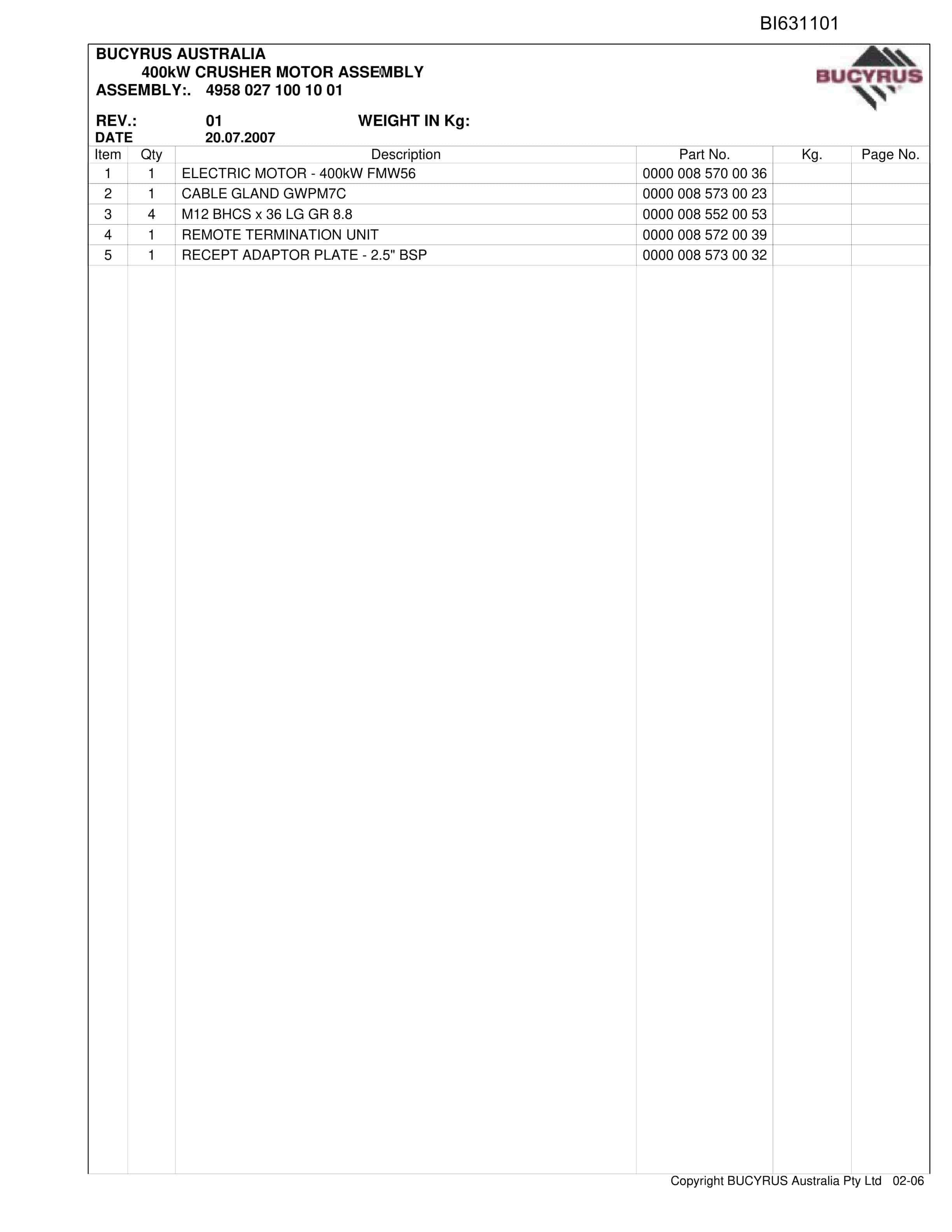 Bucyrus Hydraulic And Electrical Broadmeadow 2010 Parts Catalog BI631101-4