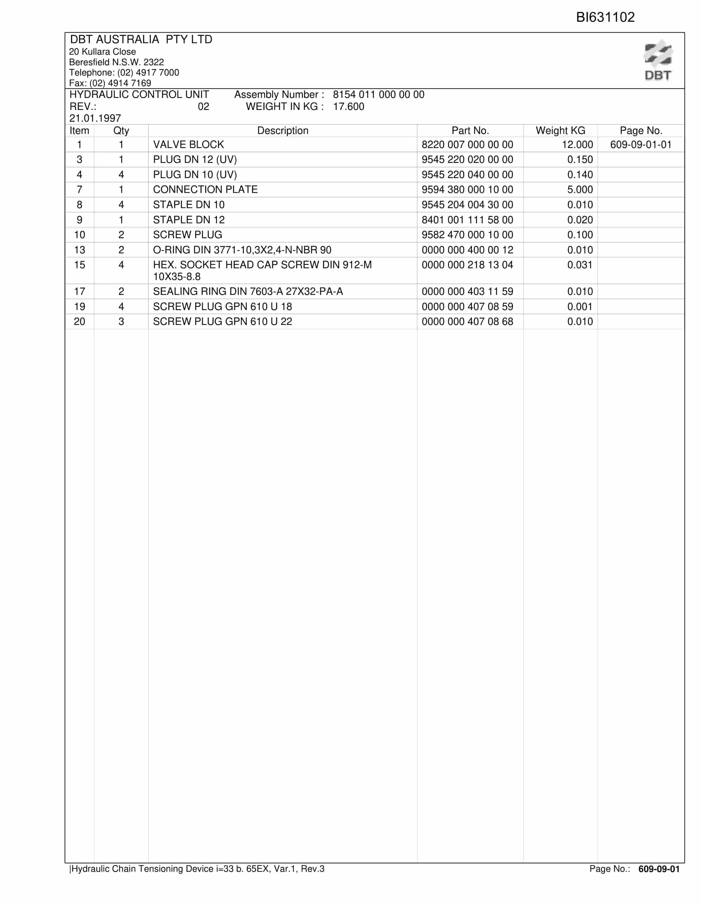 Bucyrus Hydraulic Chain Tensioning Device Parts Catalog BI631102-4