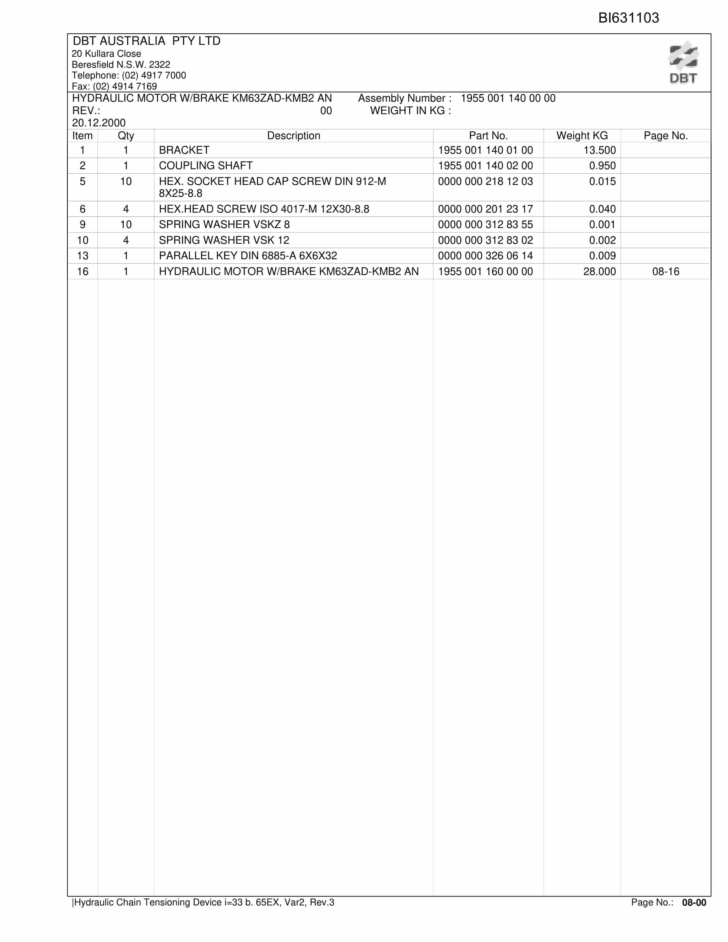 Bucyrus Hydraulic Chain Tensioning Device Parts Catalog BI631103-2