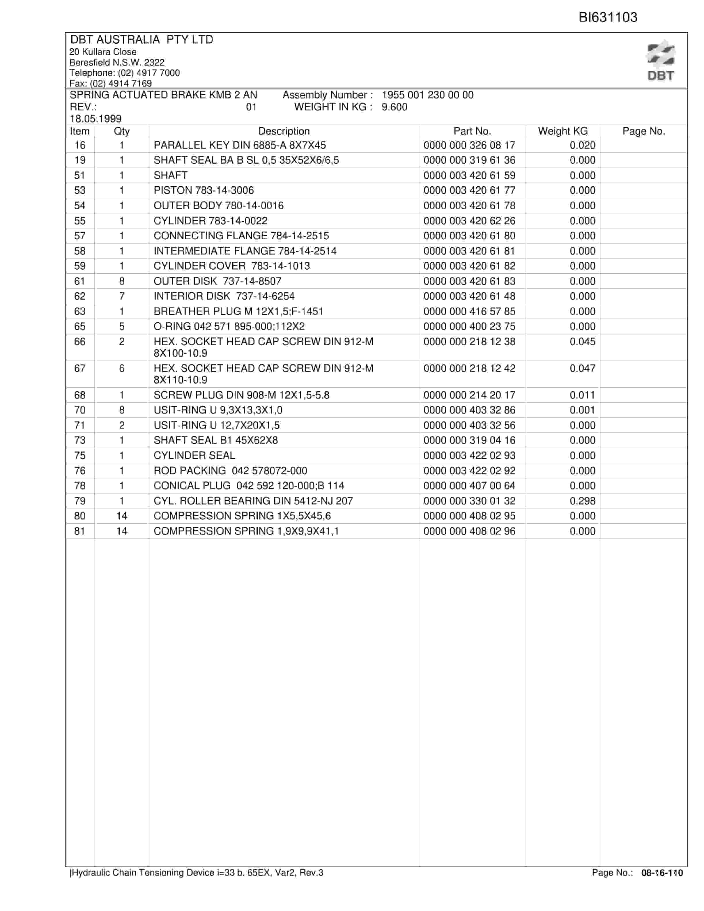 Bucyrus Hydraulic Chain Tensioning Device Parts Catalog BI631103-3