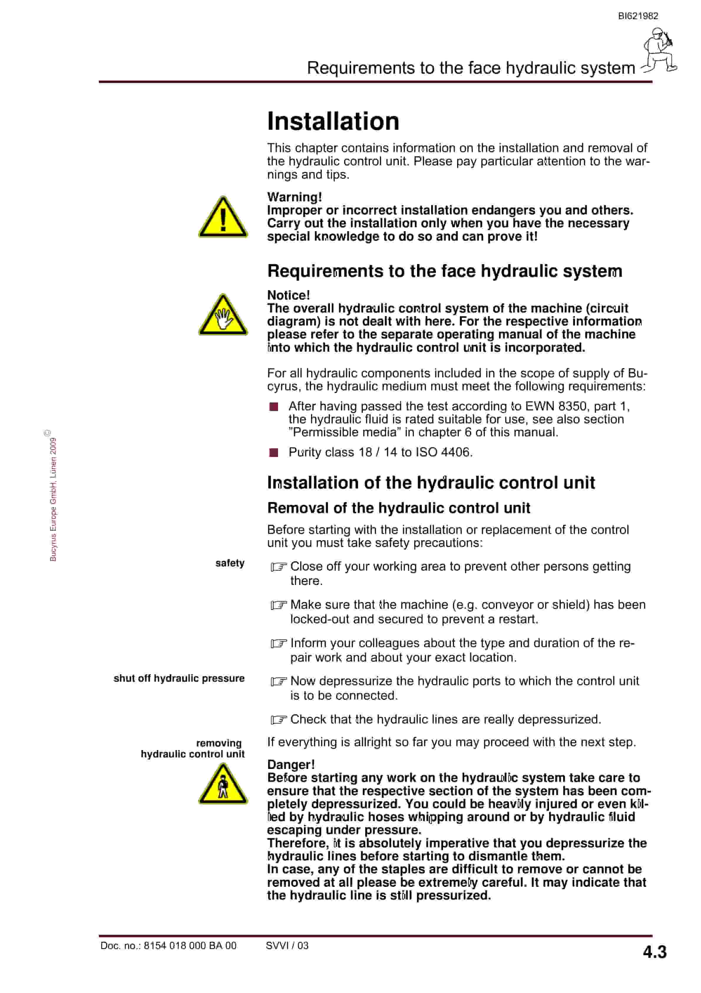 Bucyrus Hydraulic Control Unit, 2 Functions Operating Manual BI621982-2