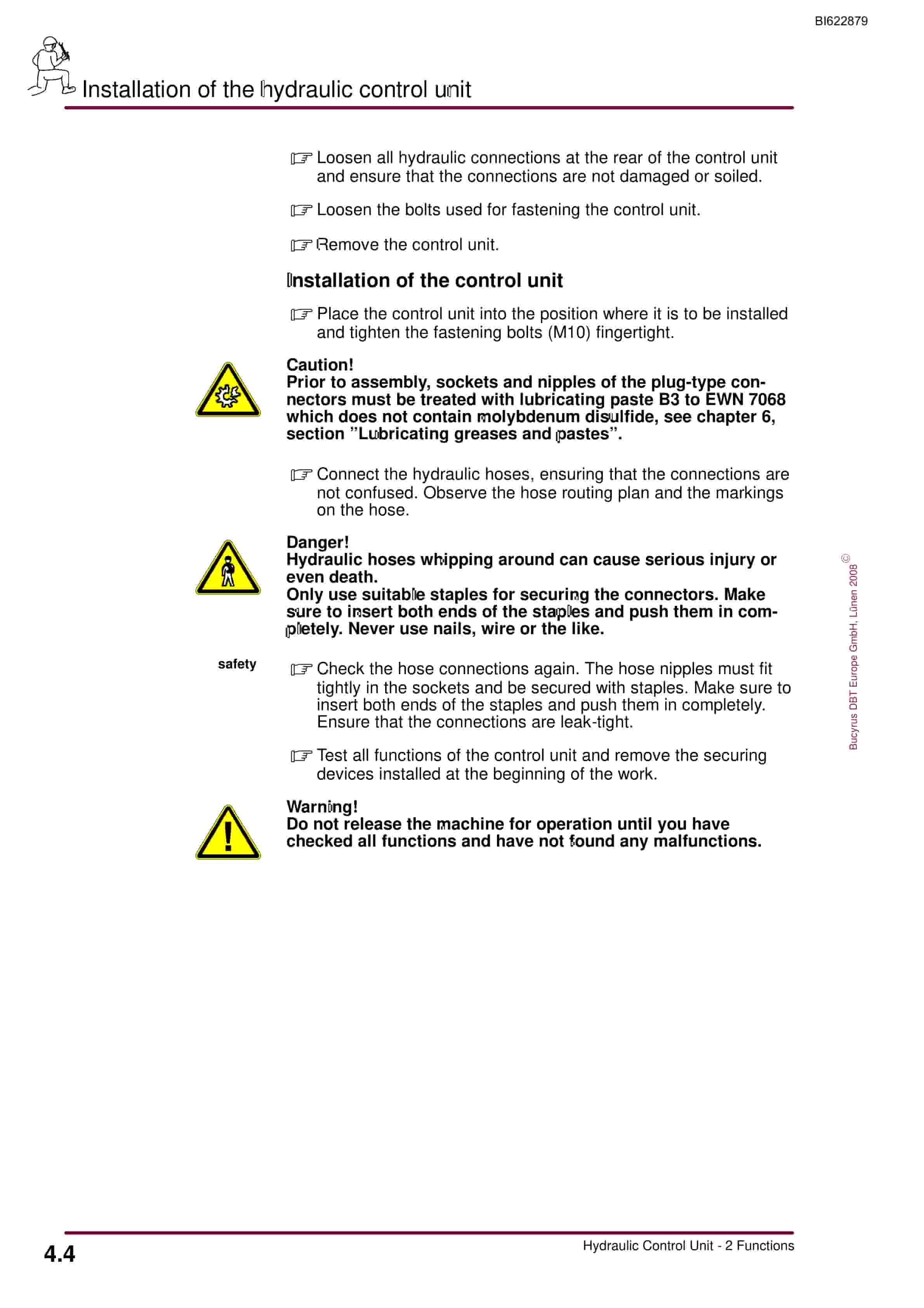 Bucyrus Hydraulic Control Unit, 2 Functions Operating Manual BI622879-2