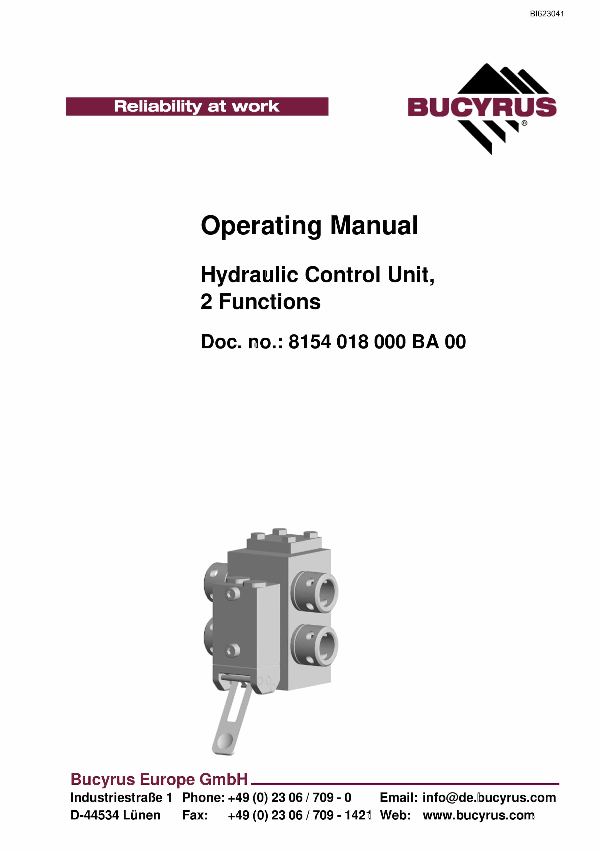 Bucyrus Hydraulic Control Unit, 2 Functions Operating Manual BI623041