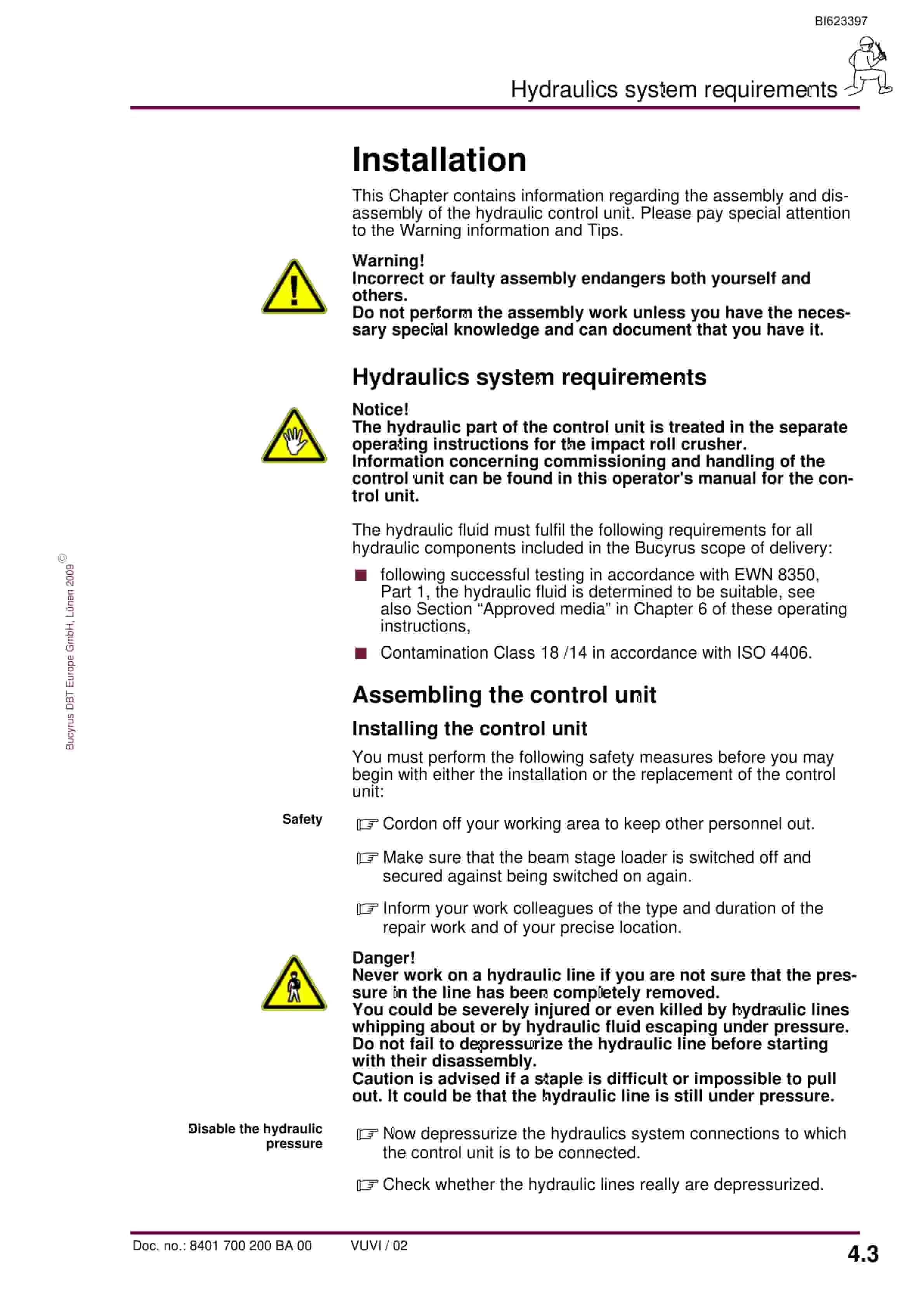 Bucyrus Hydraulic Control Unit, 8 Functions Operating Manual BI623397-2