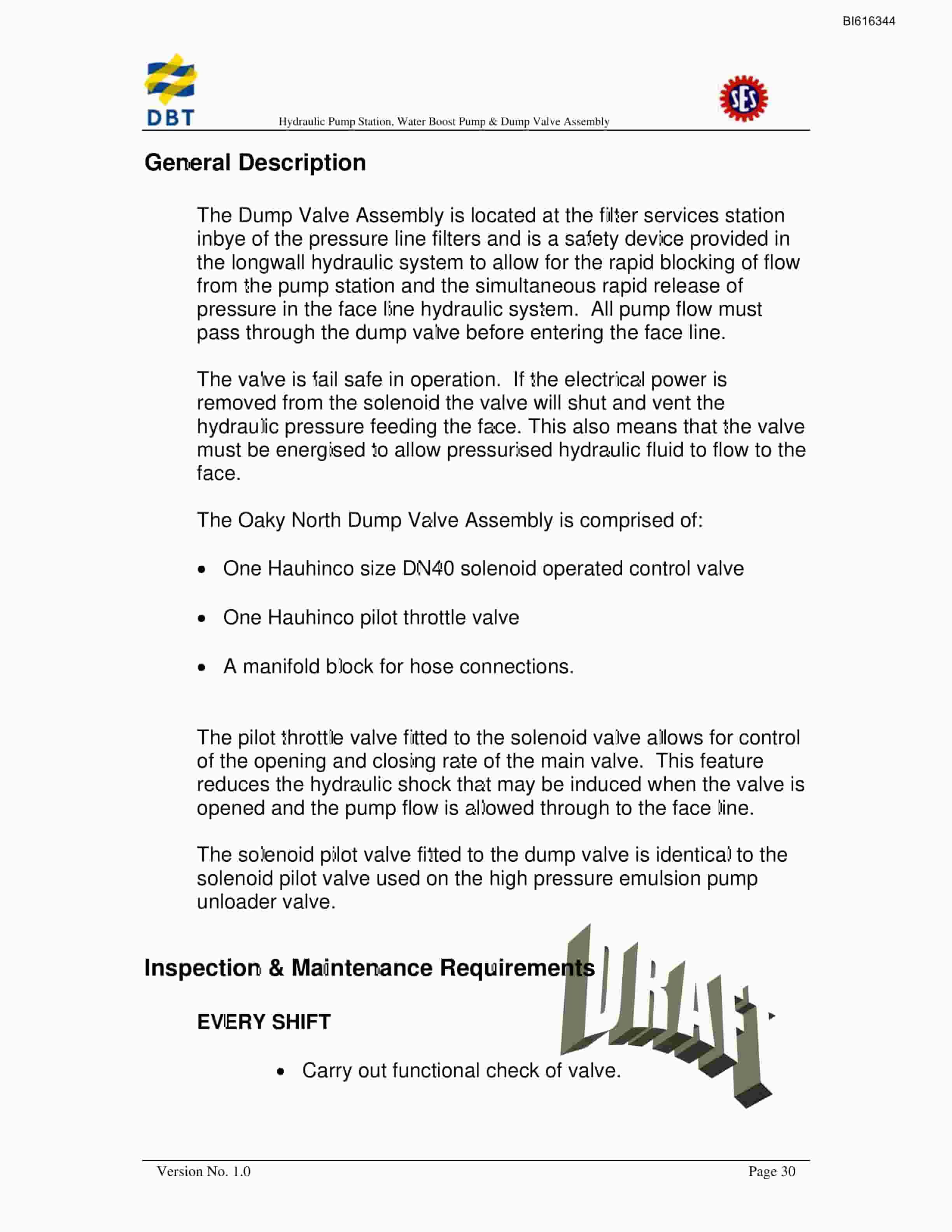 Bucyrus Hydraulic Pump Station, Water Boost Pump And Dump Valve System Technical Manual BI616344-4