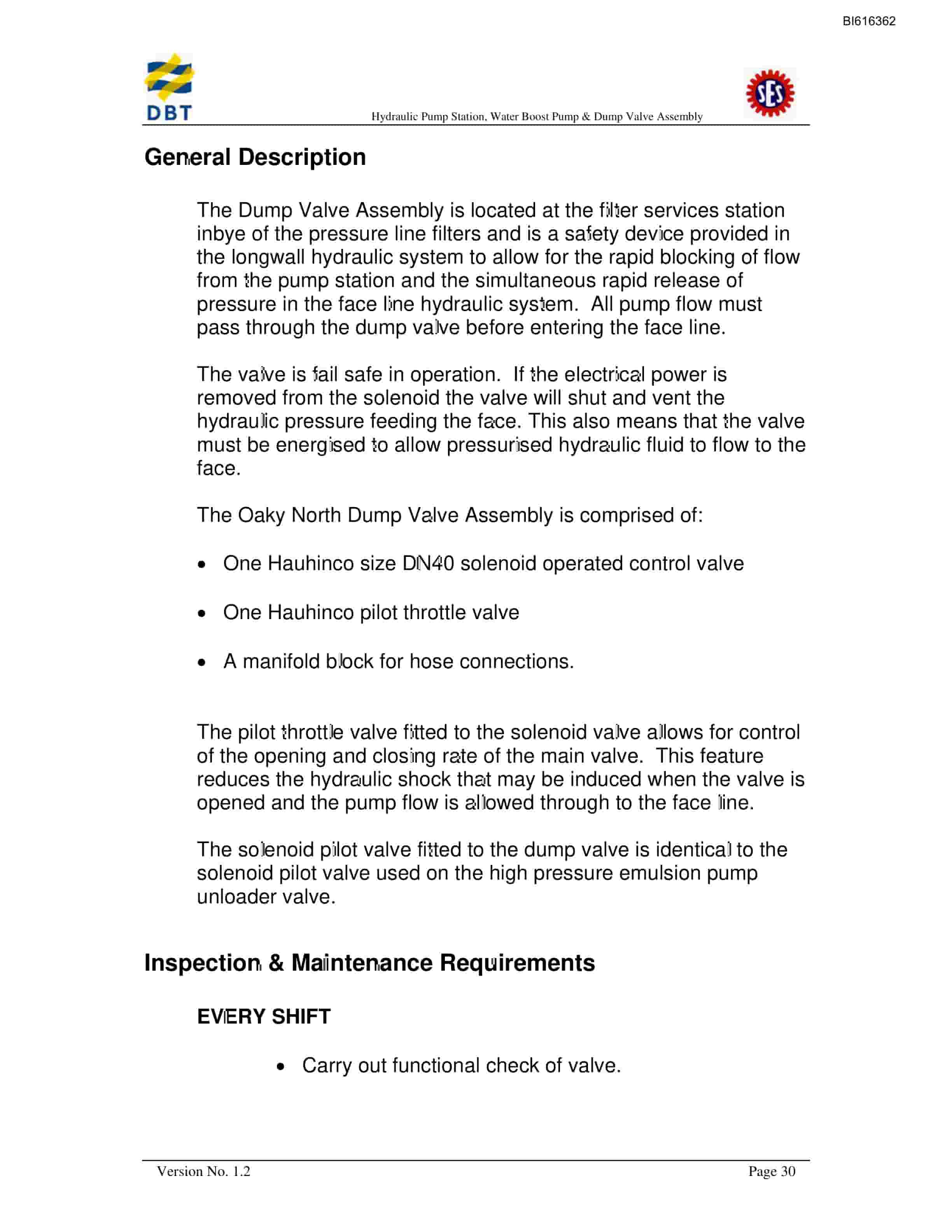 Bucyrus Hydraulic Pump Station, Water Boost Pump And Dump Valve System Technical Manual BI616362-4
