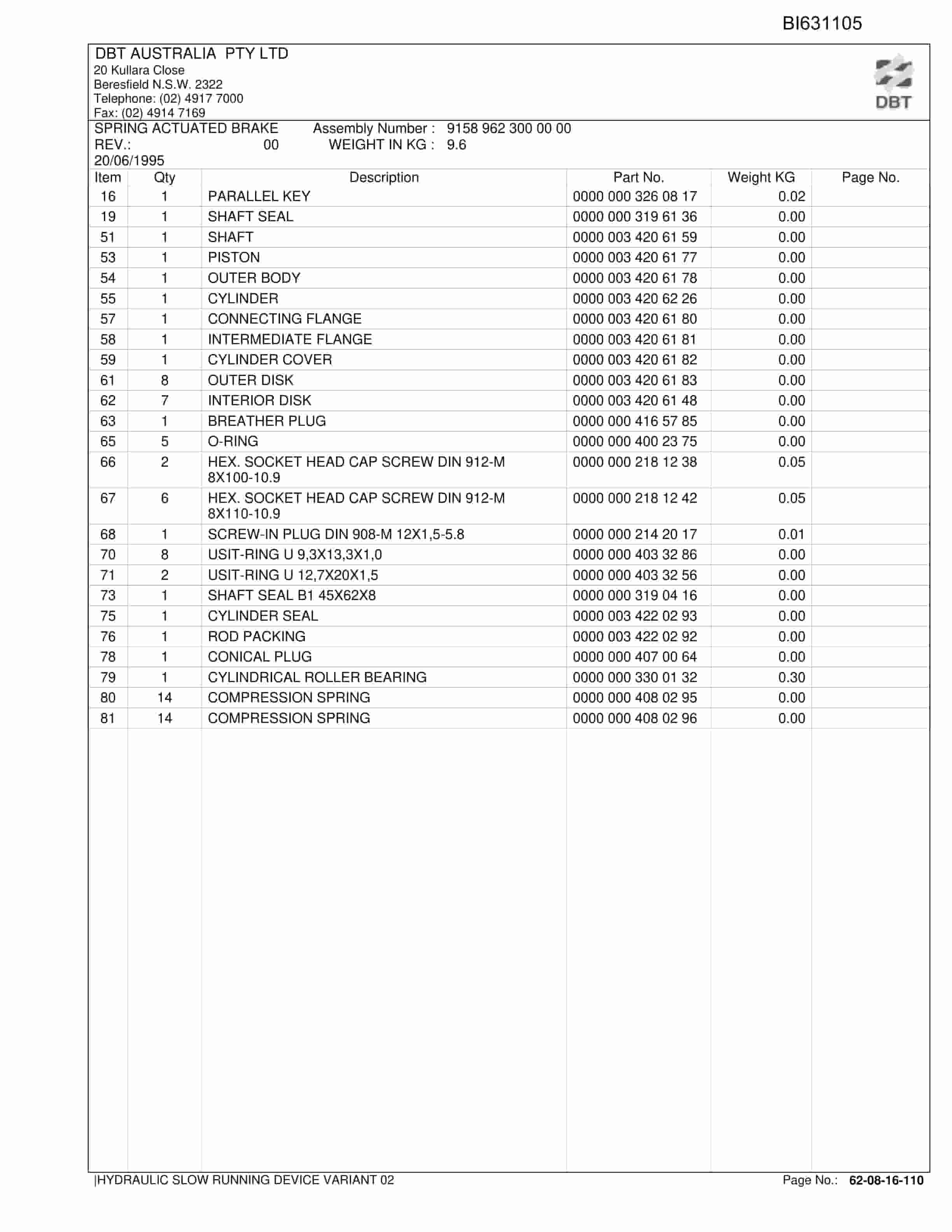 Bucyrus Hydraulic Slow Running Device Variant 01 Parts Catalog BI631105-2