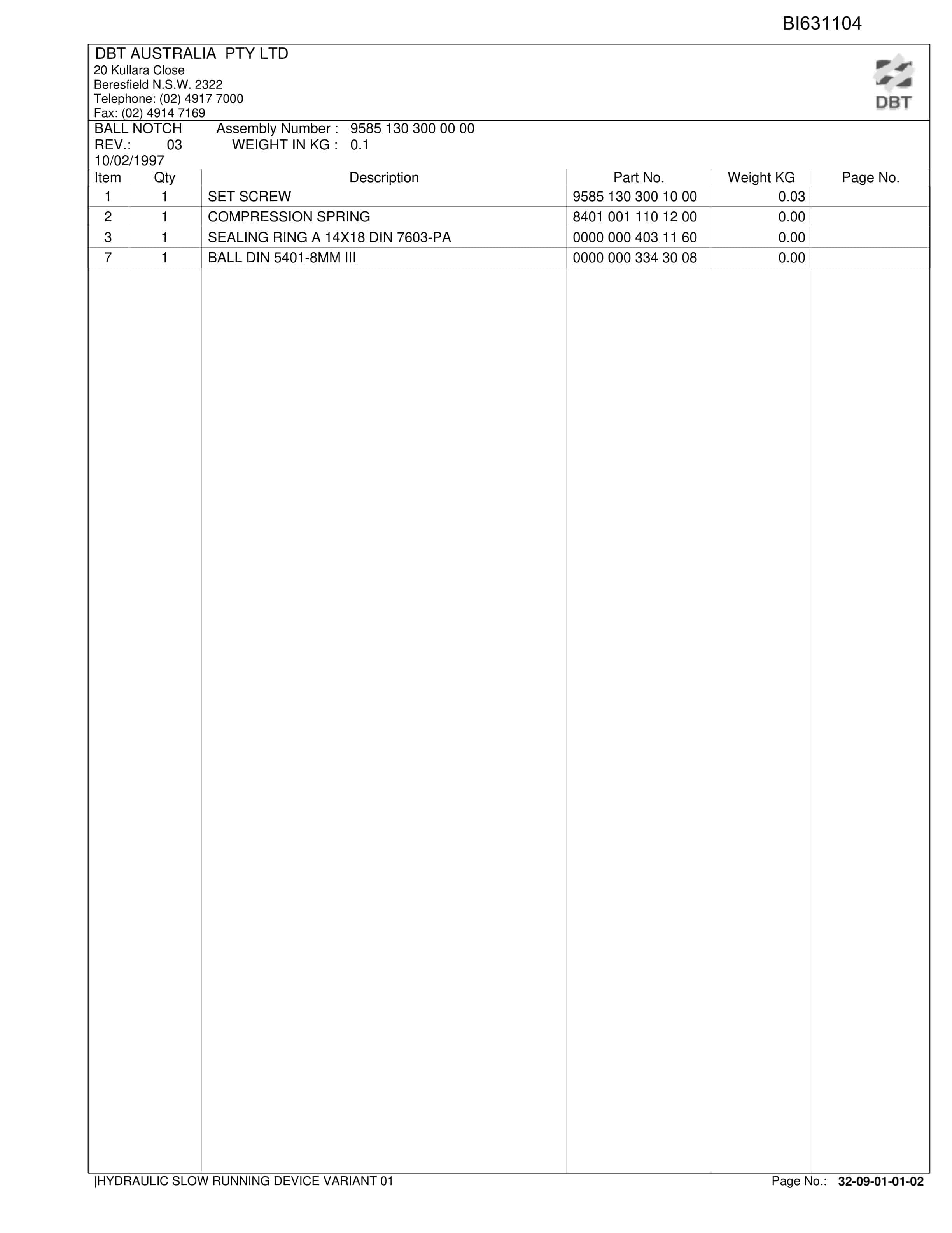 Bucyrus Hydraulic Slow Running Device Variant 02 Parts Catalog BI631104-3
