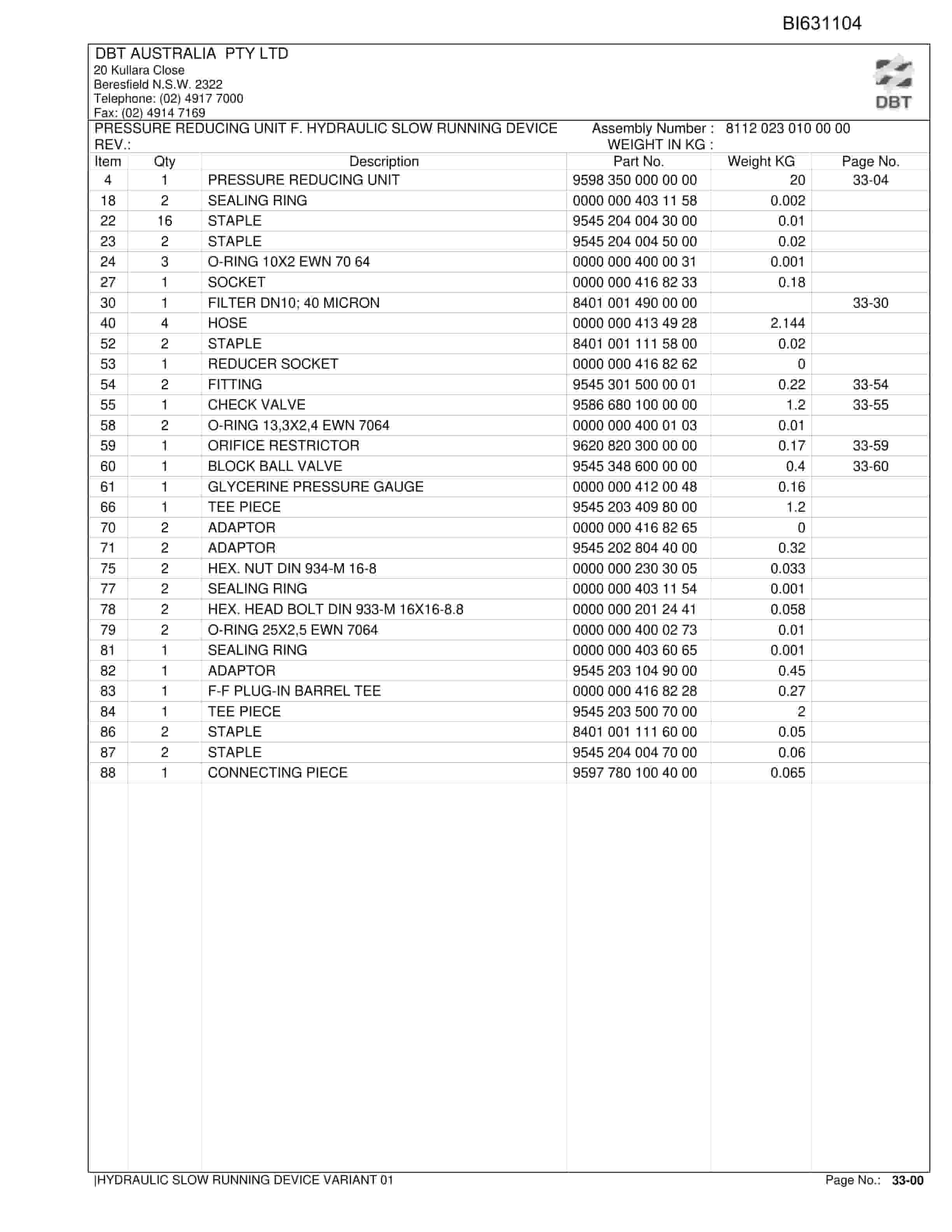 Bucyrus Hydraulic Slow Running Device Variant 02 Parts Catalog BI631104-4