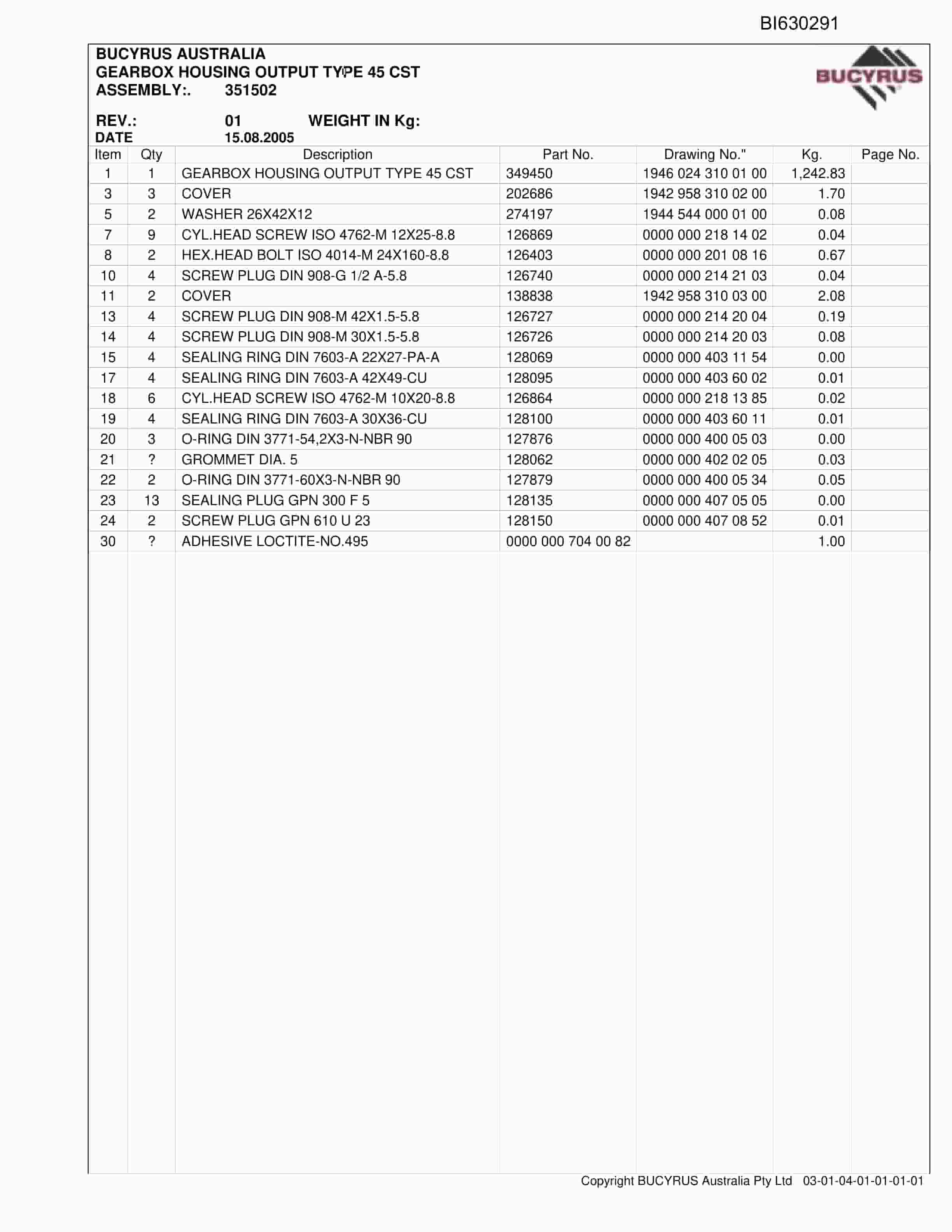 Bucyrus Integra Coal AFC Set 1 2010 Parts Catalog BI630291-2