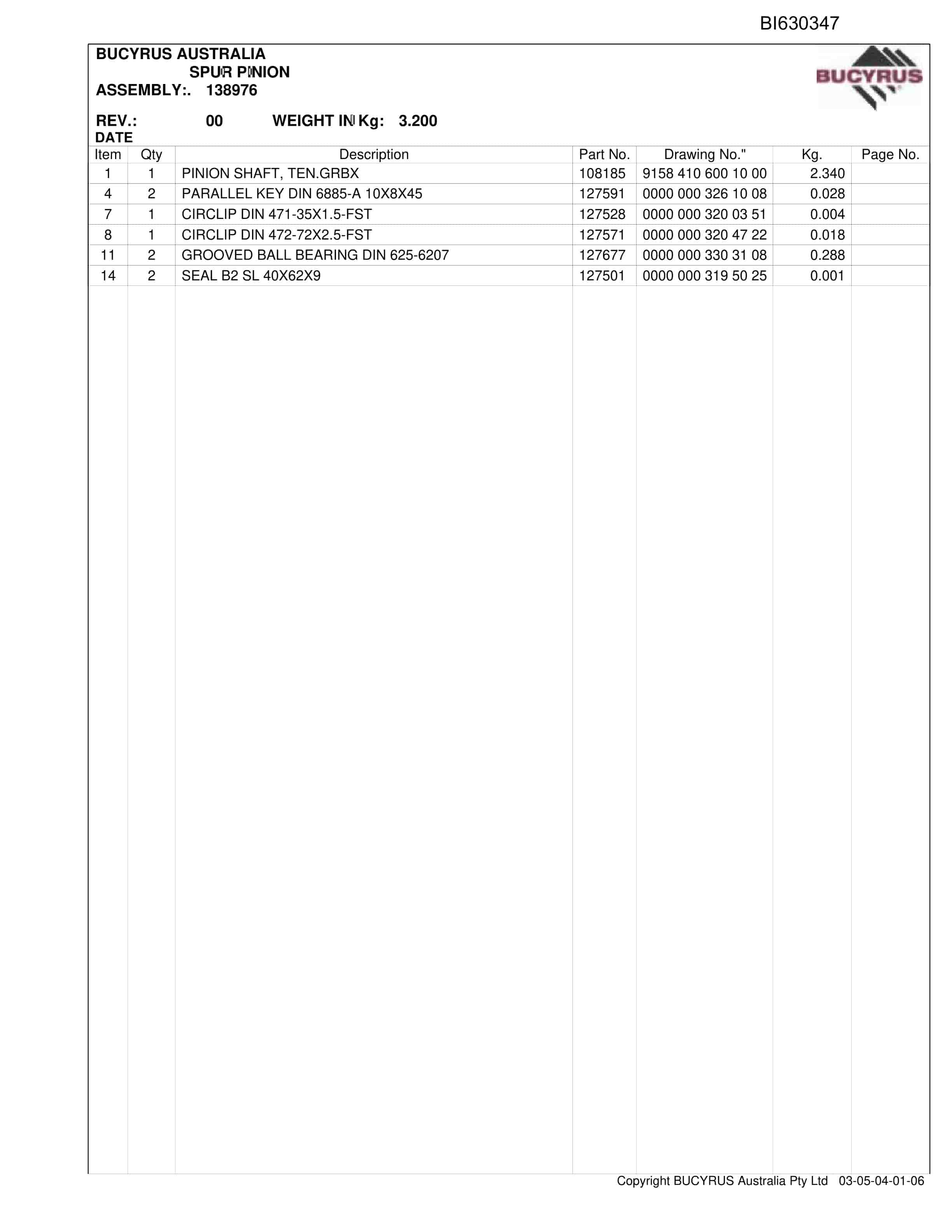 Bucyrus Integra Coal BSL And Bootend 2009 Parts Catalog BI630347-2